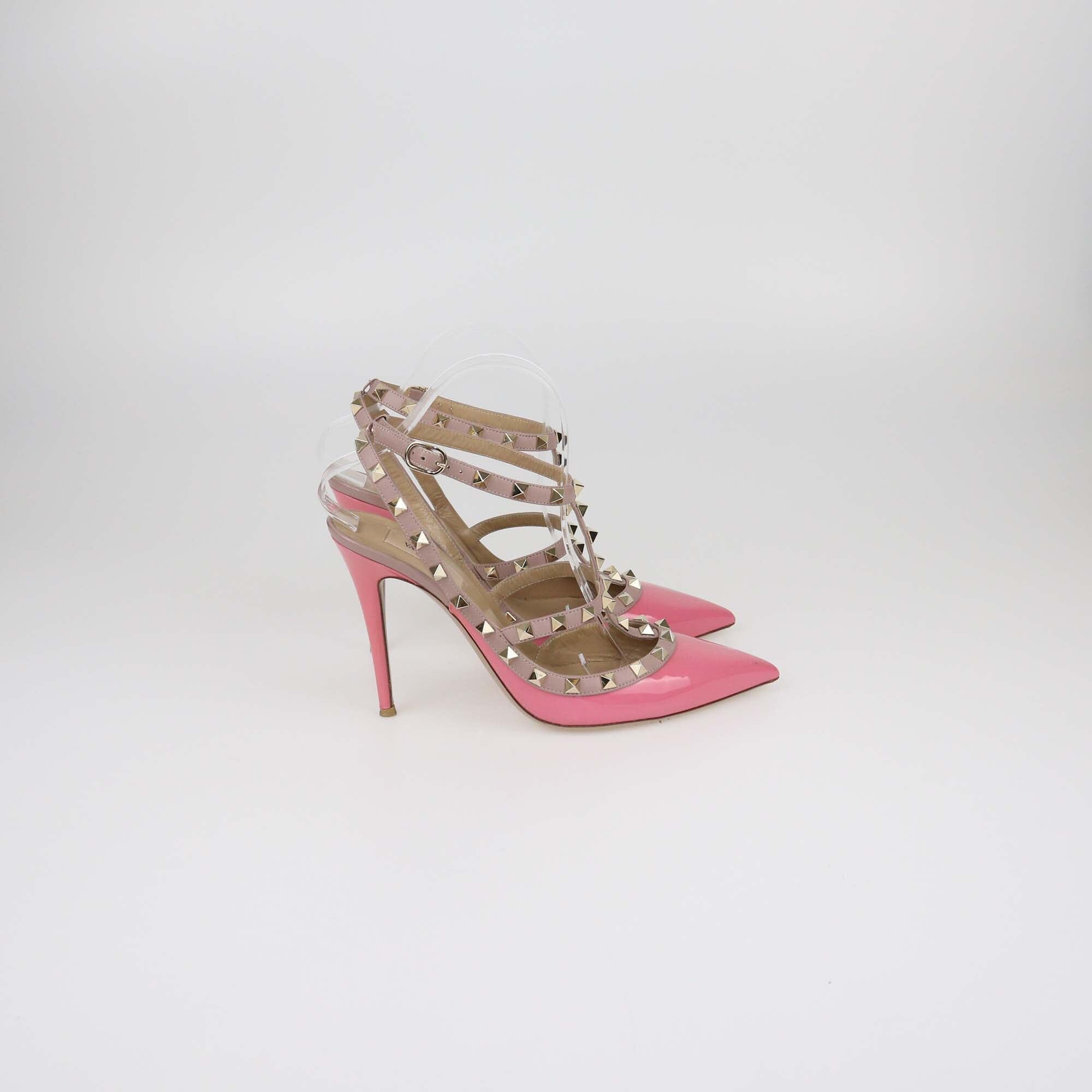 Valentino Pink/Beige Patent Rockstud Ankle Strap Sandals Womens Valentino