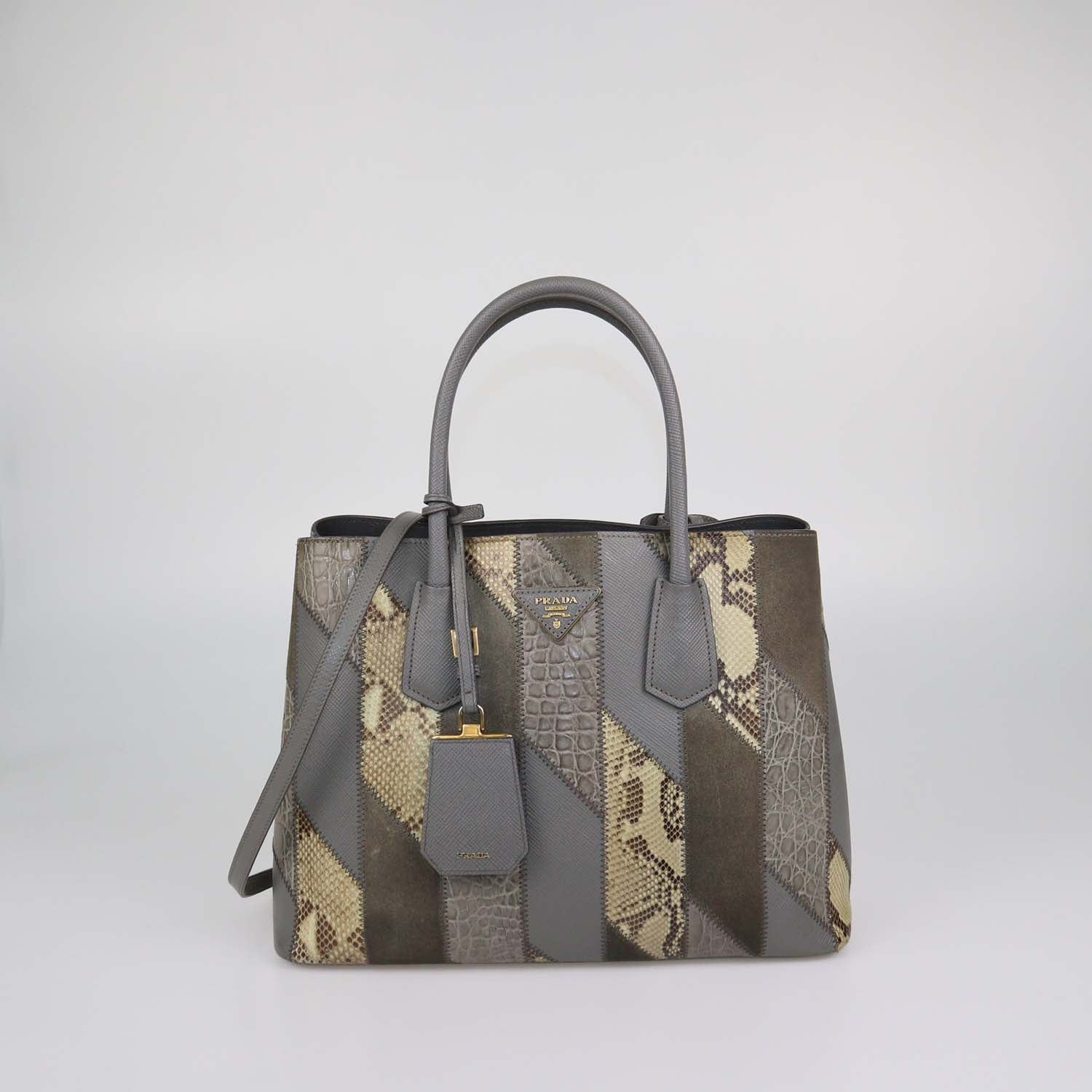 Prada Grey Exotic Skin and Leather Patchwork Double Handle Tote