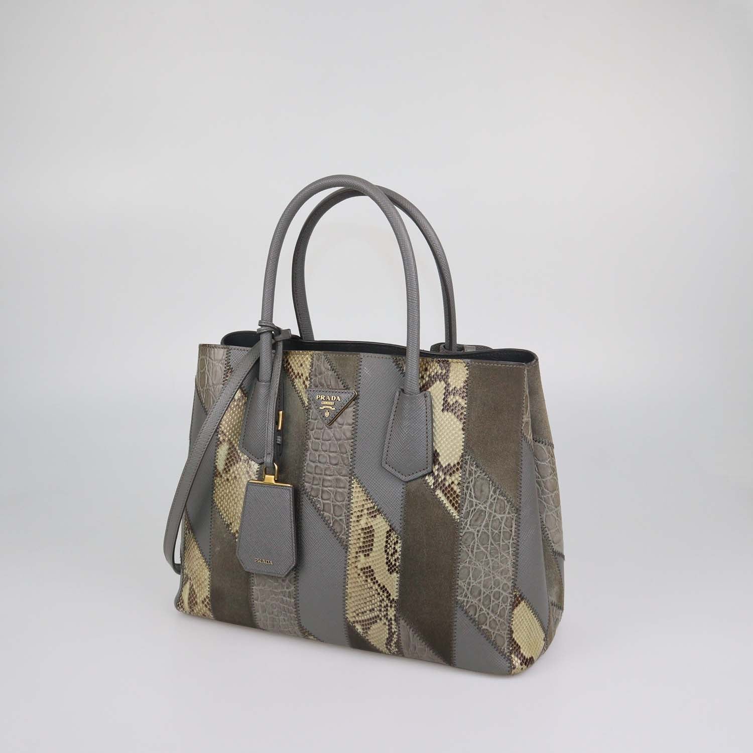 Prada Grey Exotic Skin and Leather Patchwork Double Handle Tote