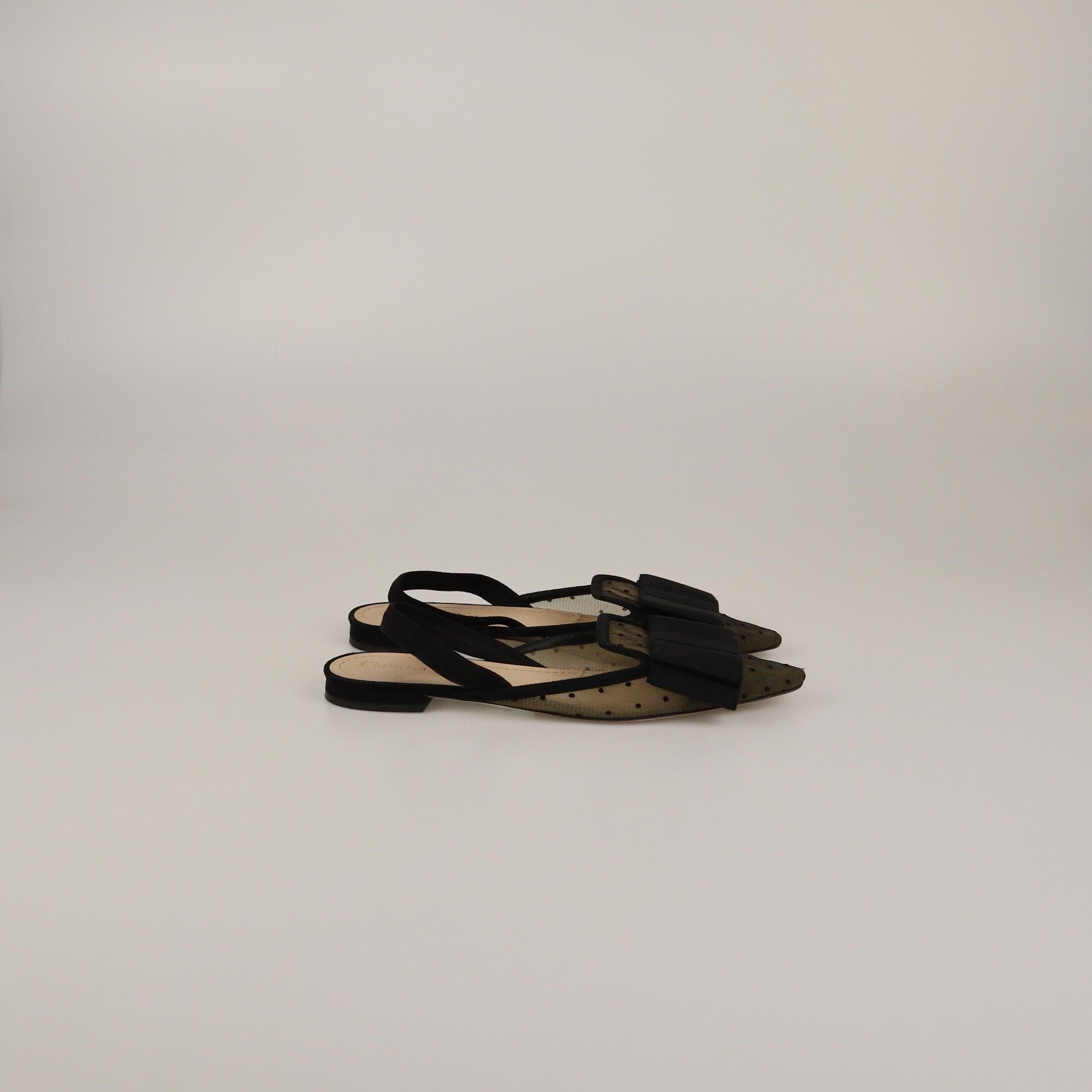 Christian Dior Black Mesh Trim Polka Dot Bow Slingback Flats Womens Christian Dior
