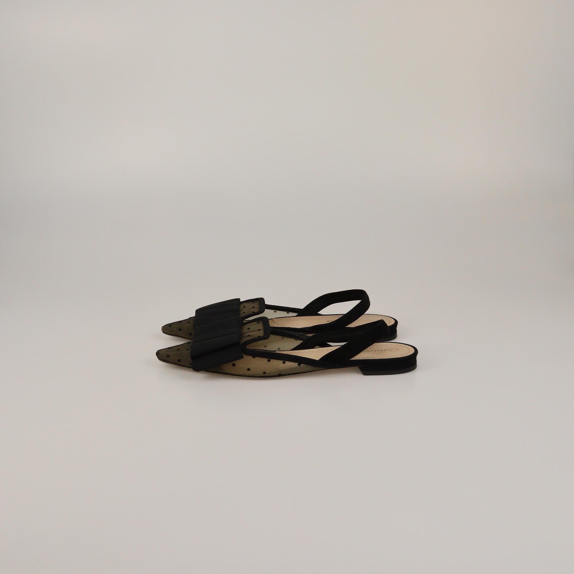 Christian Dior Black Mesh Trim Polka Dot Bow Slingback Flats Womens Christian Dior