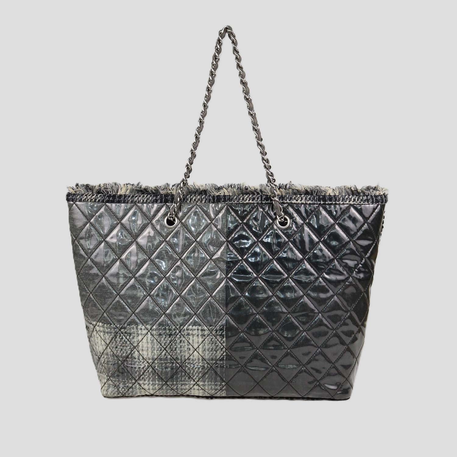 Chanel Grey Quilted Vinyl and Tweed Funny Patchwork Tote
