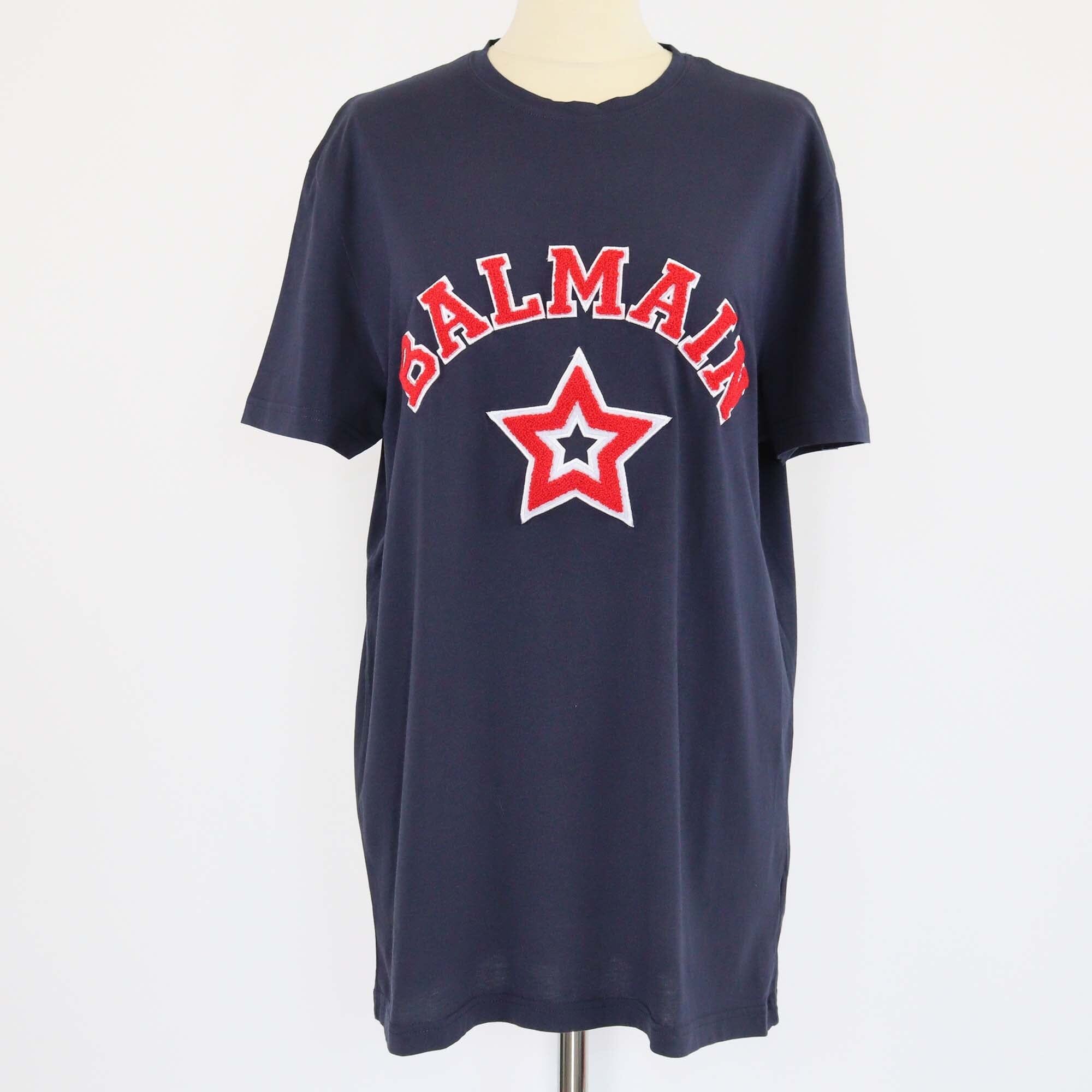 Balmain Dark Blue/Red Tweed Logo Embroidered Crew Neck T Shirt Mens Balmain