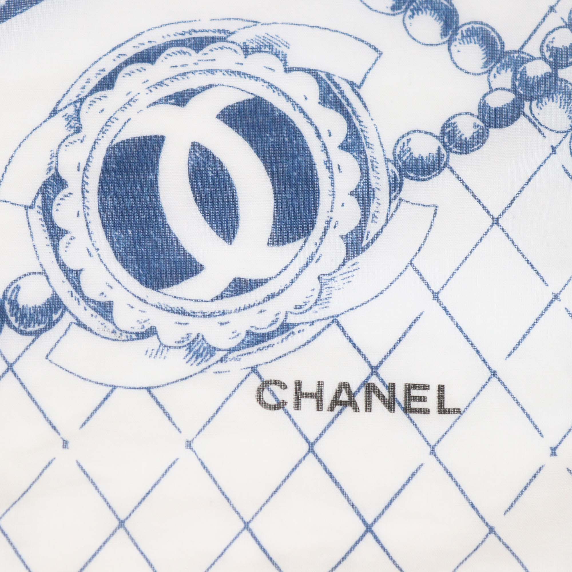 Chanel White/Blue Cotton Habana Cuba Print Silk Square Scarf