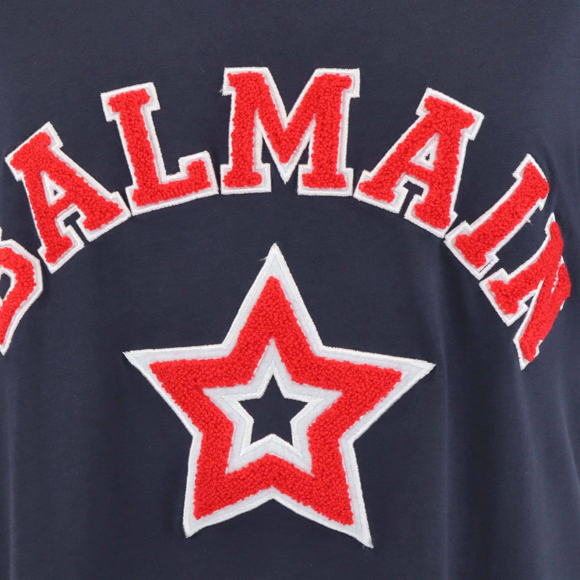 Balmain Dark Blue/Red Tweed Logo Embroidered Crew Neck T Shirt Mens Balmain