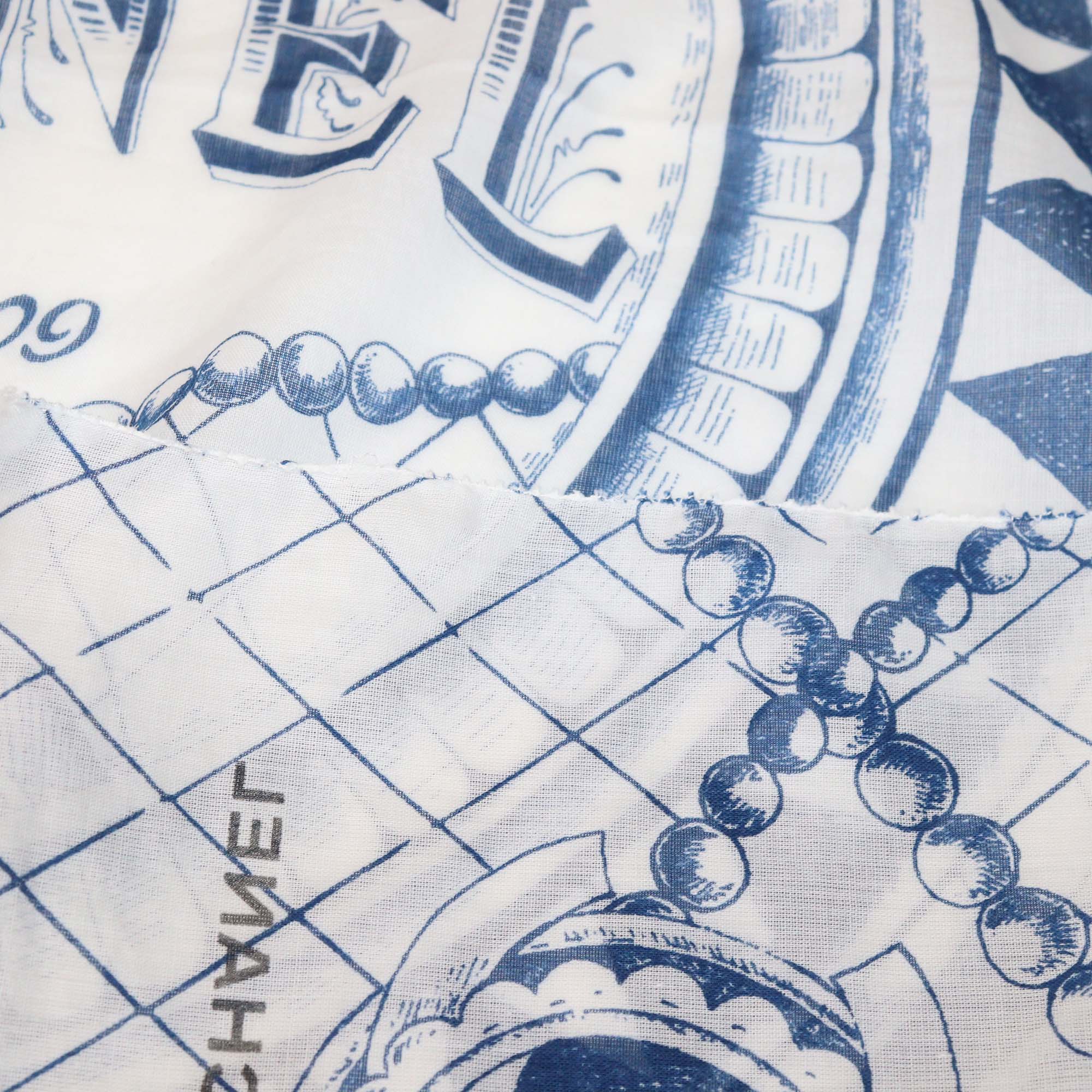 Chanel White/Blue Cotton Habana Cuba Print Silk Square Scarf
