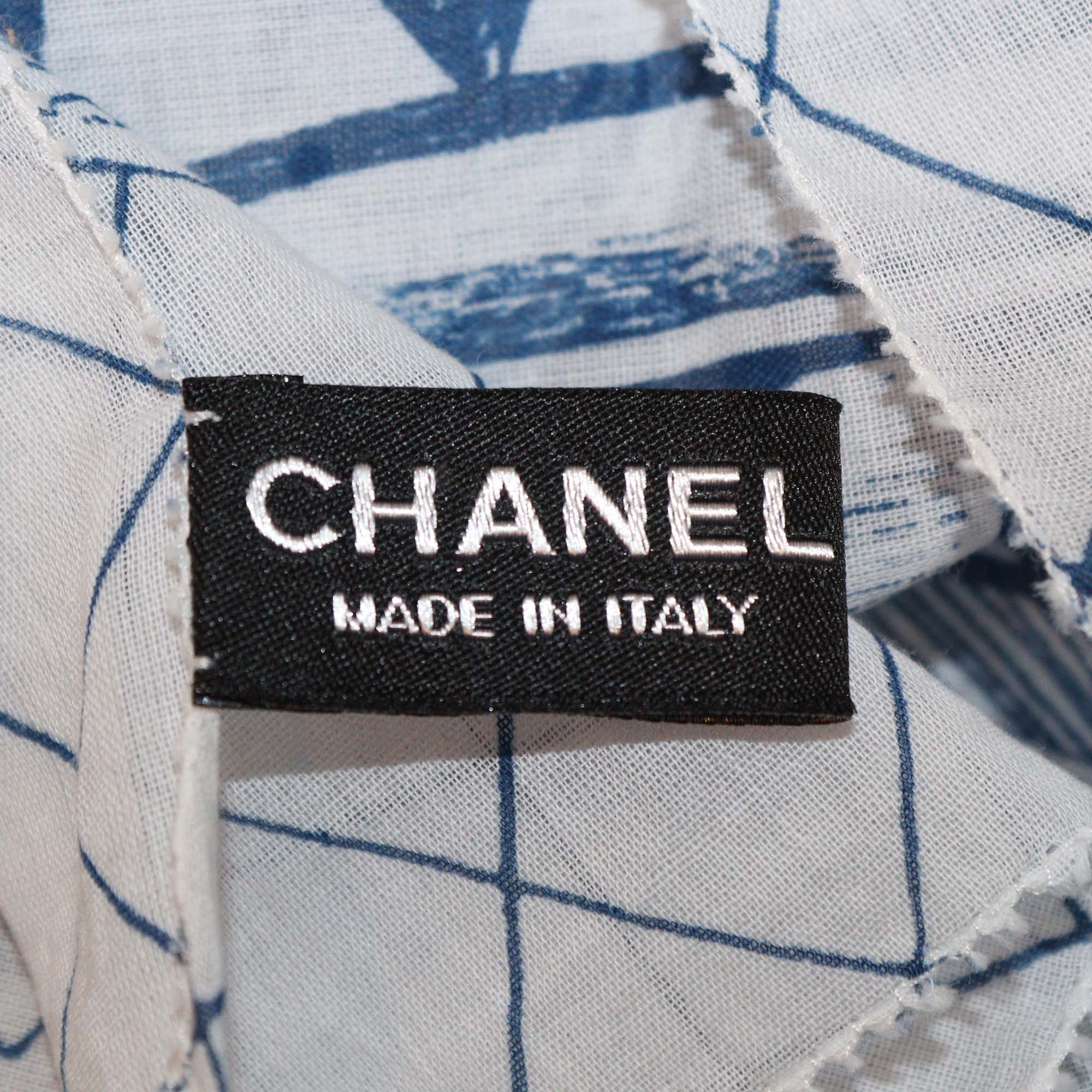 Chanel White/Blue Cotton Habana Cuba Print Silk Square Scarf