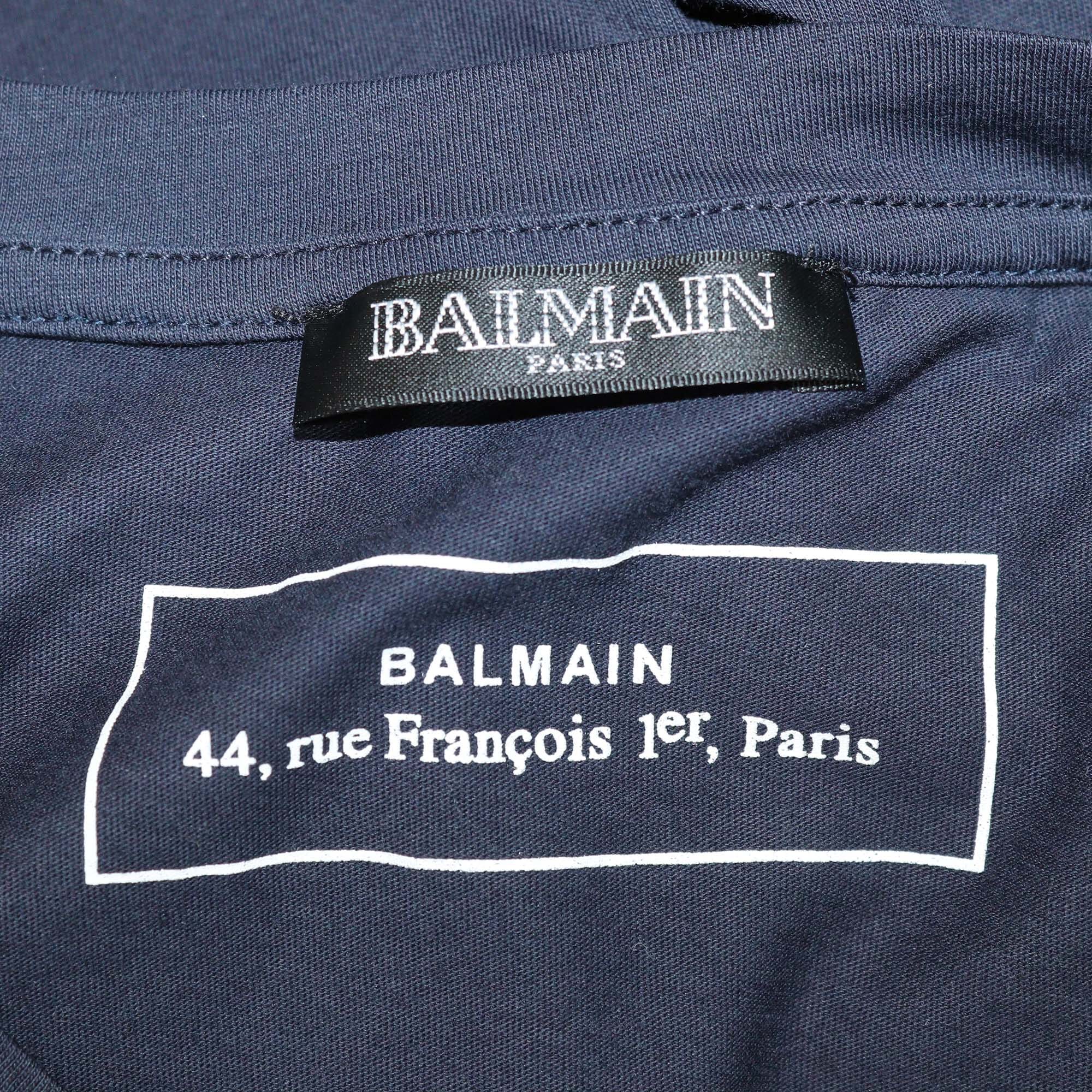 Balmain Dark Blue/Red Tweed Logo Embroidered Crew Neck T Shirt Mens Balmain