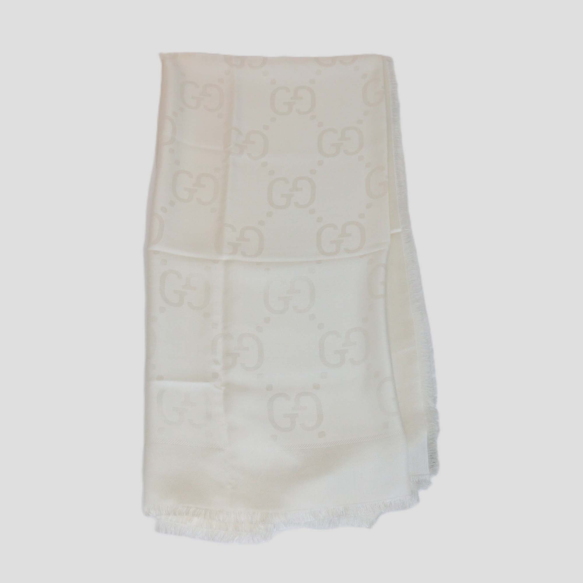 Gucci White Silk Wool GG Jacquard Shawl