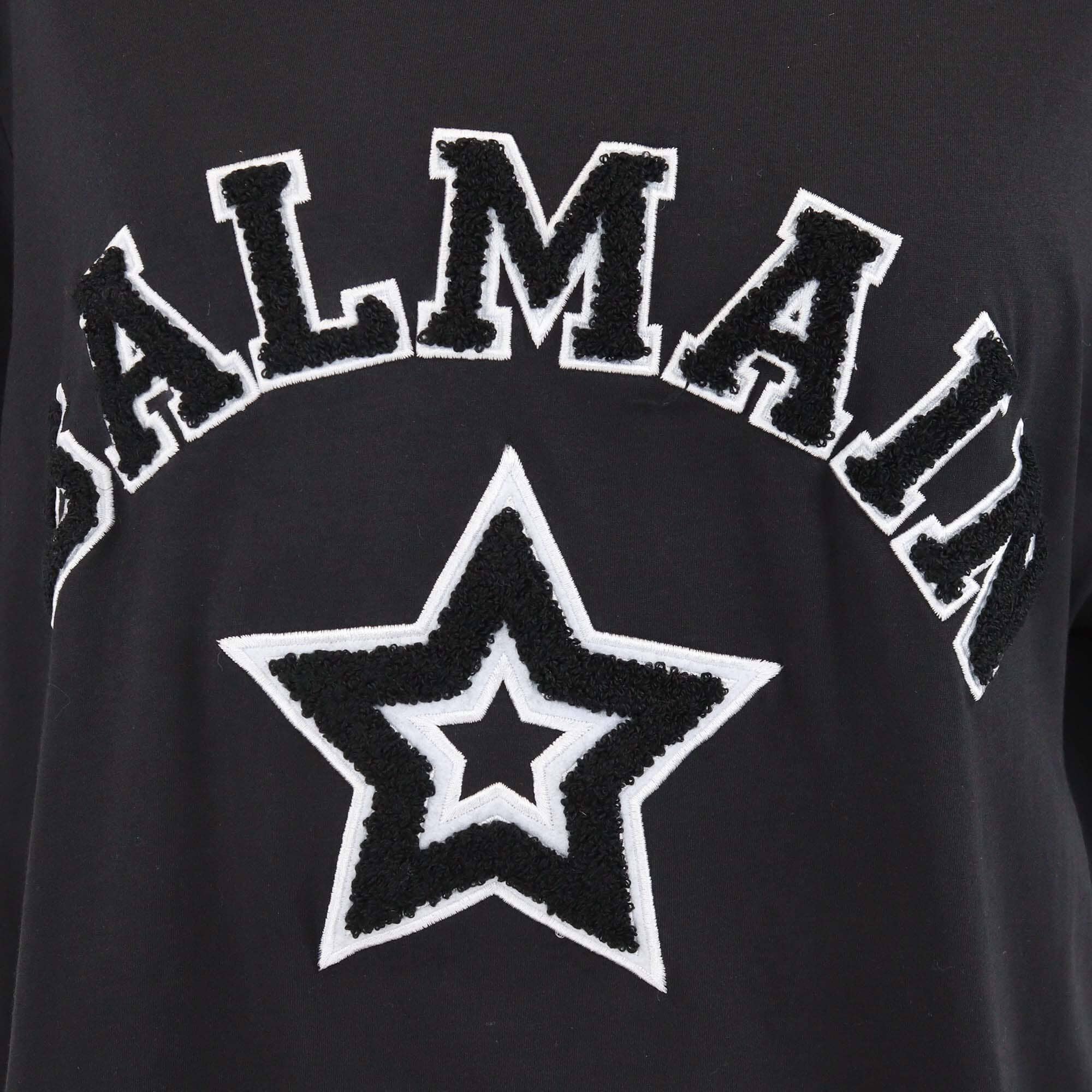 Balmain Black Tweed Logo Embroidered Crew Neck T Shirt Mens Balmain