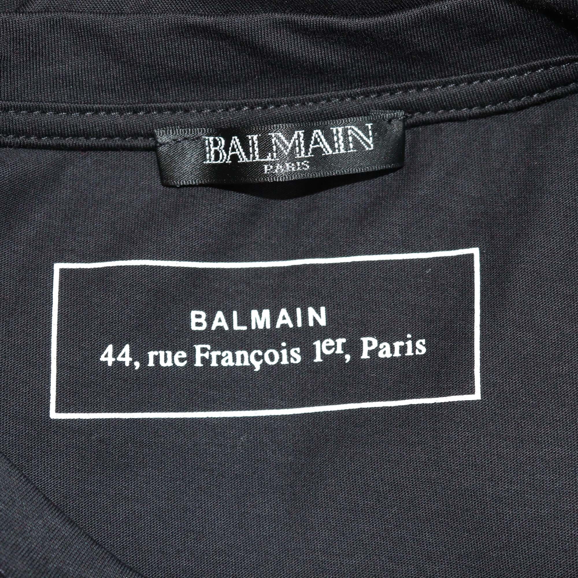Balmain Black Tweed Logo Embroidered Crew Neck T Shirt Mens Balmain