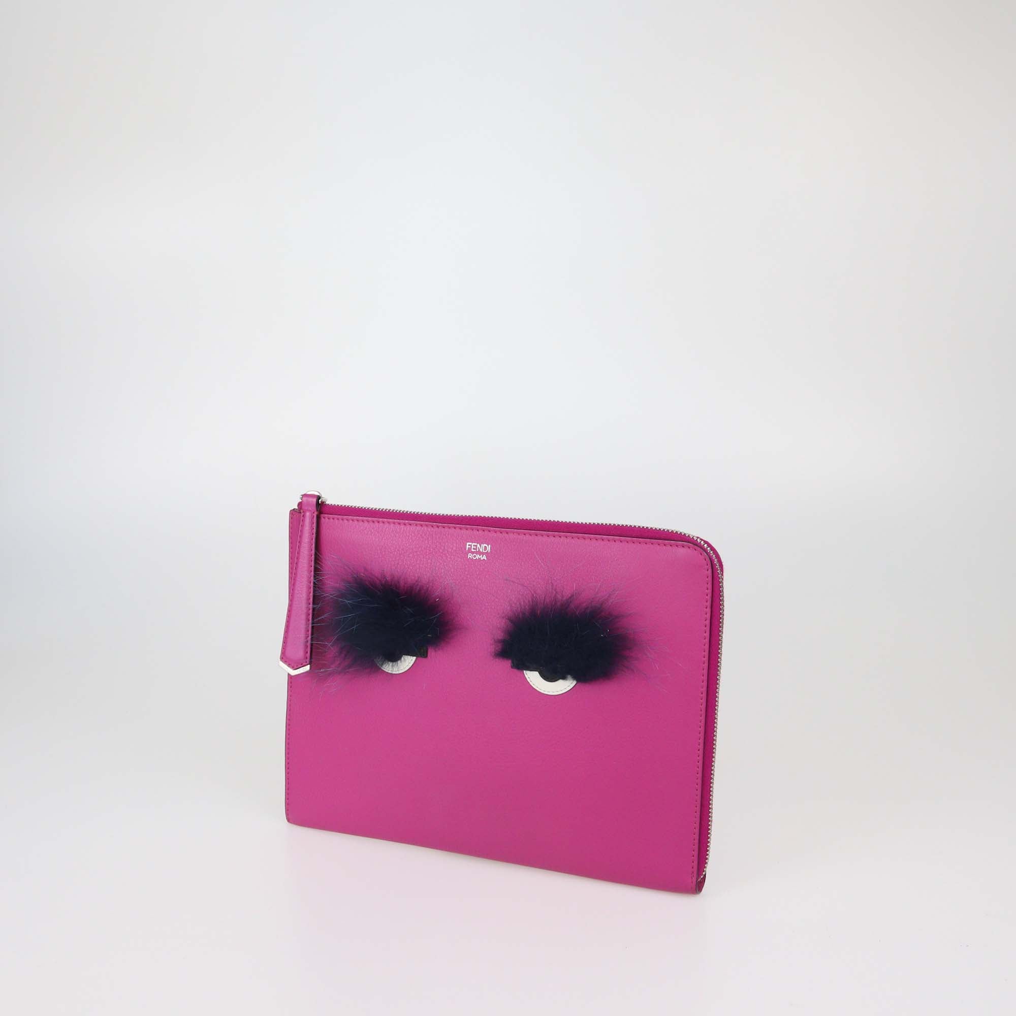 Fendi Fuchsia Leather Monster Flat Pouch