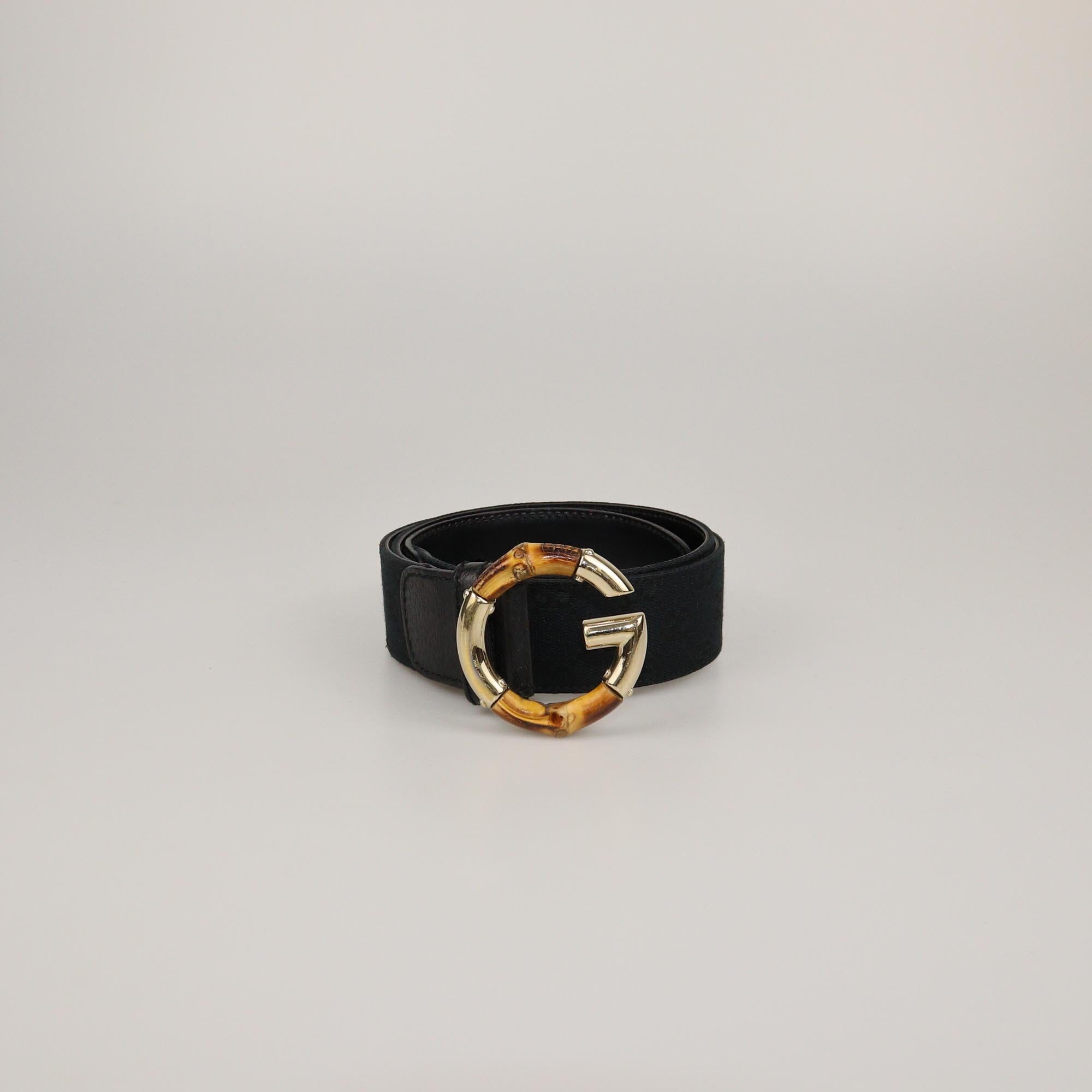 Gucci Black GG Canvas G Bamboo Buckle Belt Womens Gucci