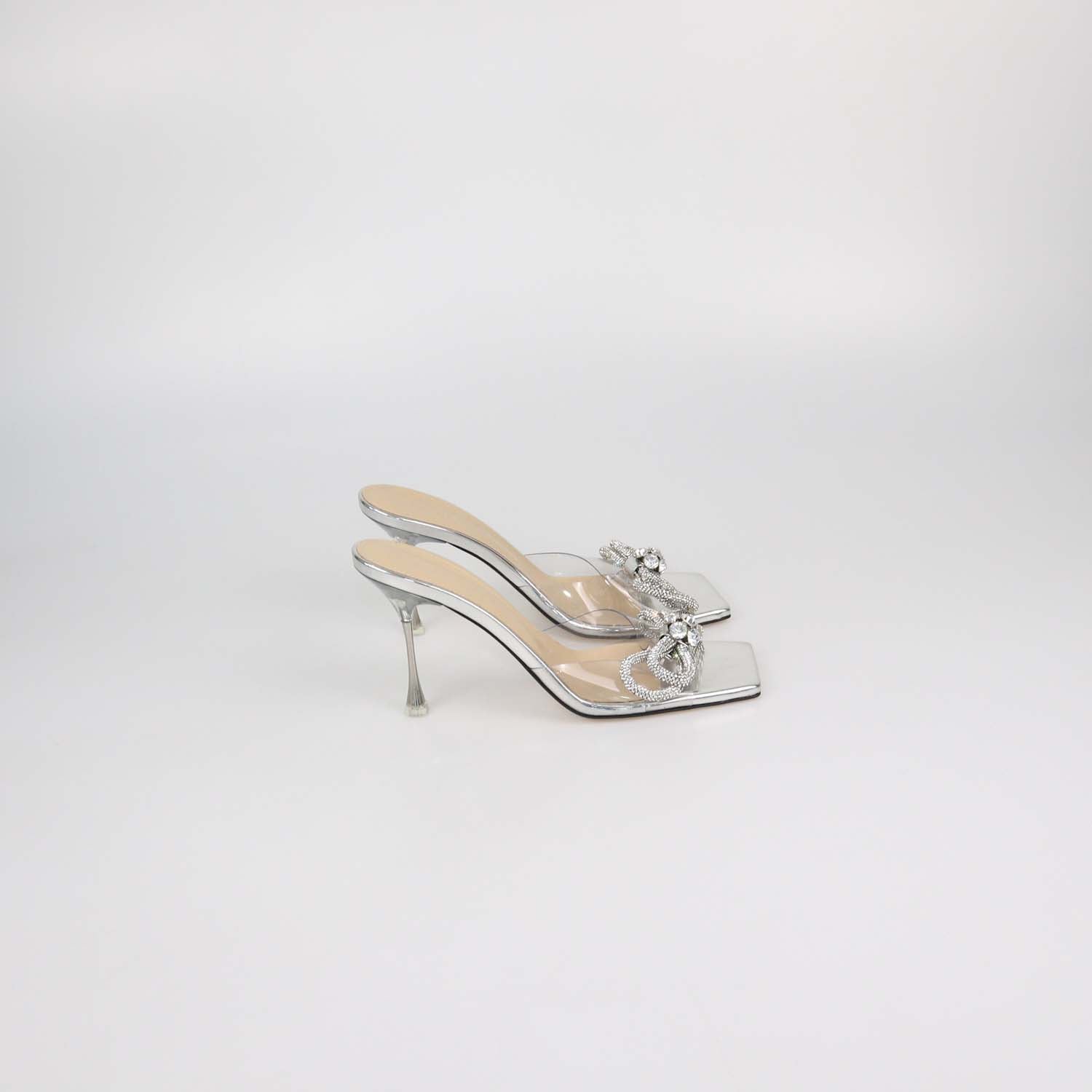 Mach & Mach Silver/Clear PVC Crystal Embellished Slide Sandals