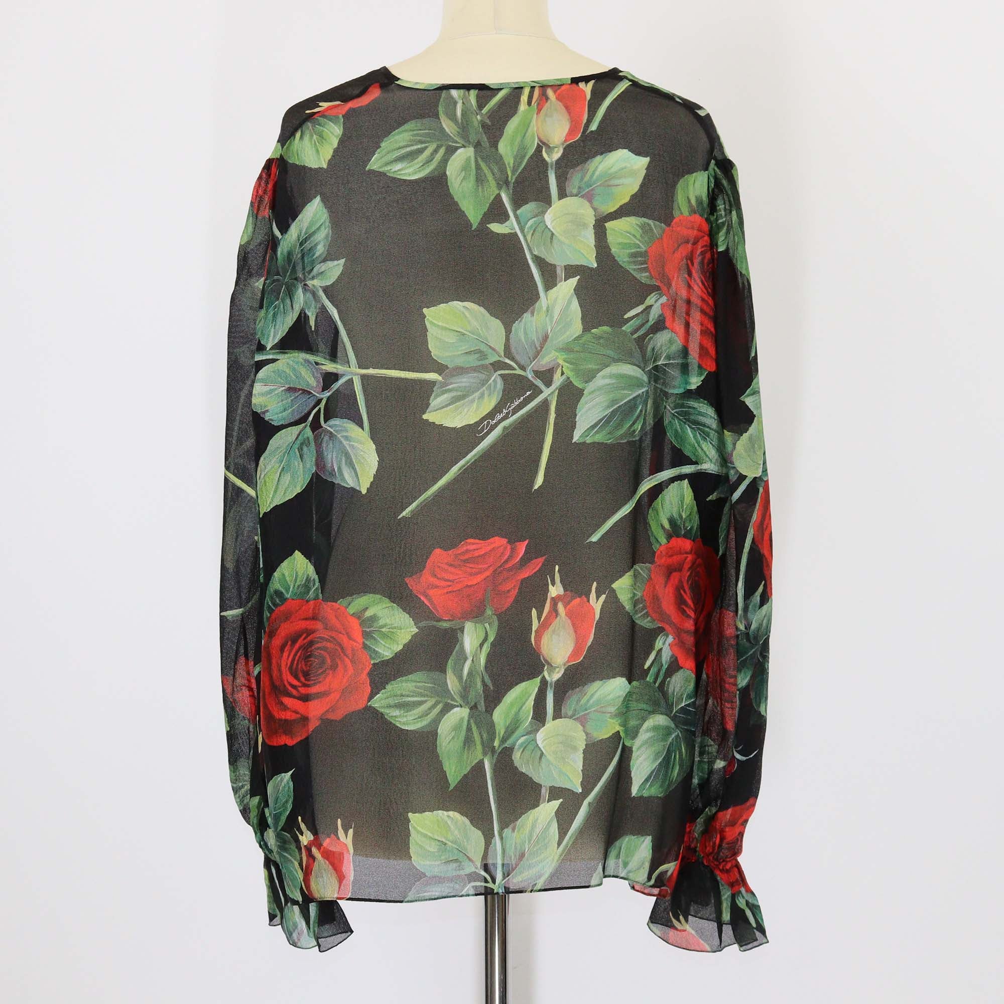 Dolce & Gabbana Black Rose Print Long Sleeve Sheer Blouse