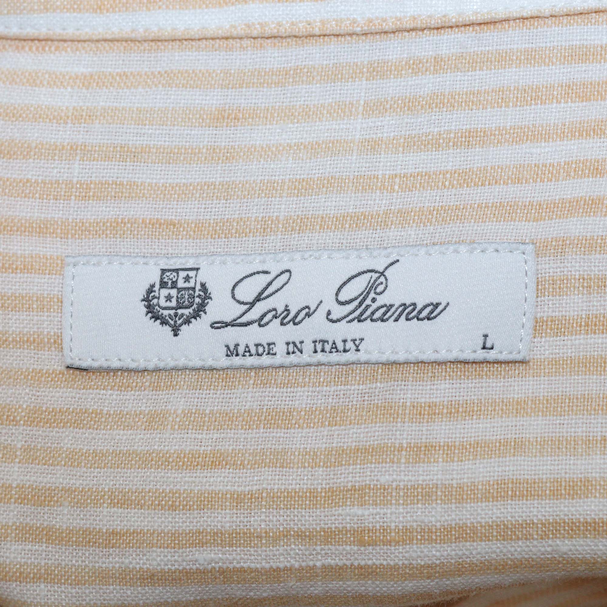 Loro Piana Coral Orange Stripe Linen Short Sleeve Shirt