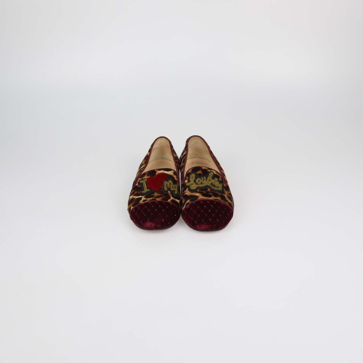 Christian Louboutin Brown/Burgundy Leopard Print Calf Hair and Velvet I Love My Loubies Loafers