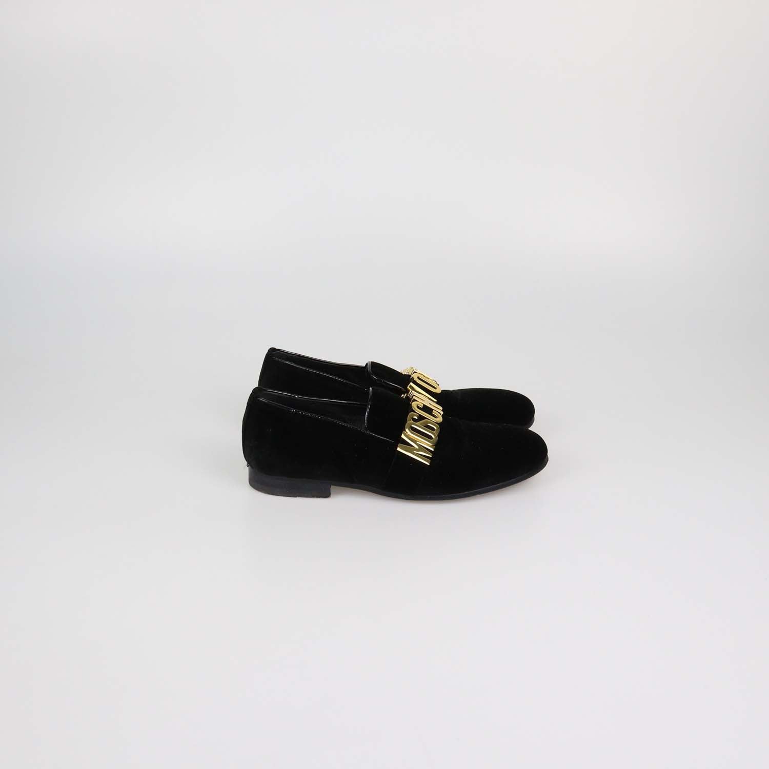 Moschino Black Velvet Metal Logo Slip On Loafers