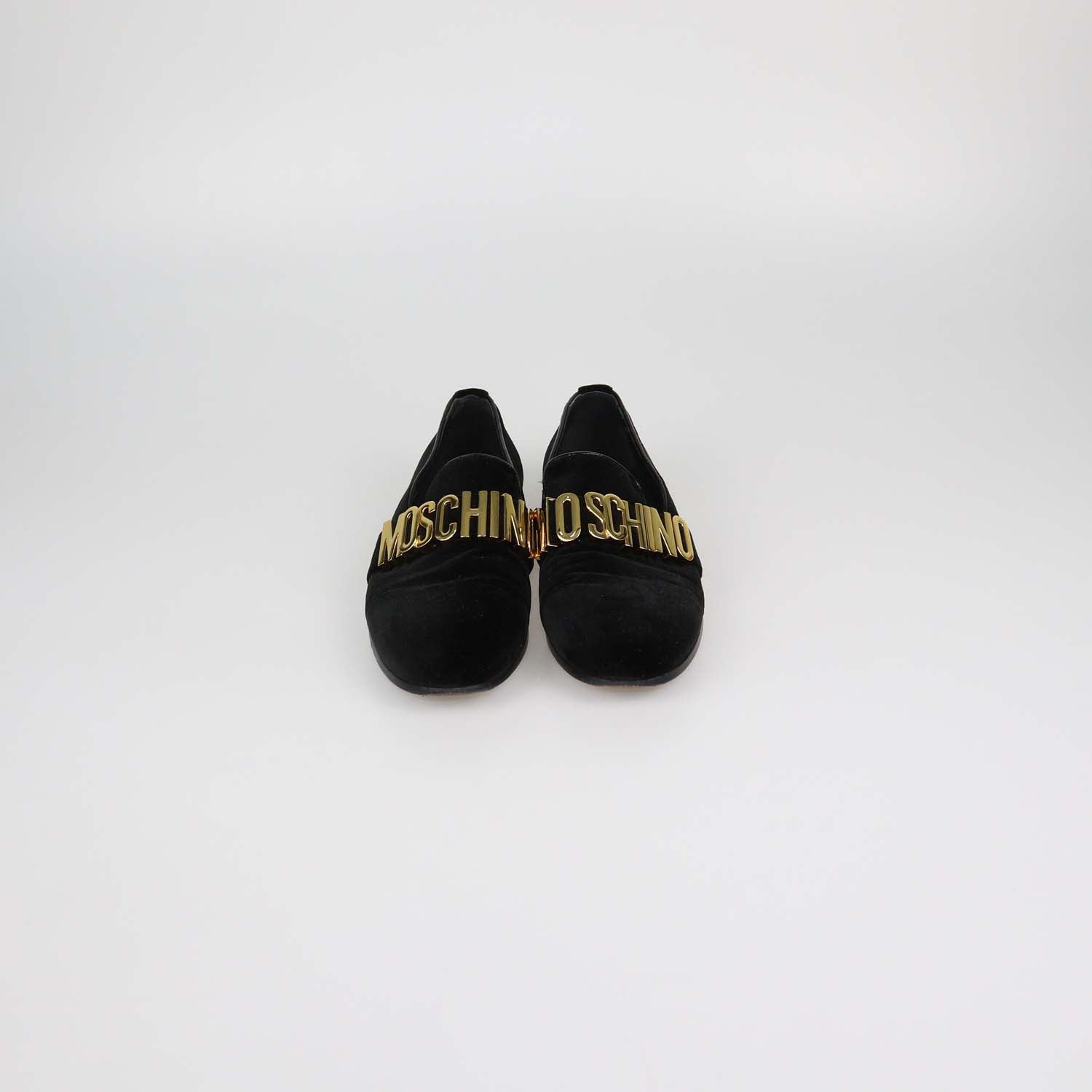 Moschino Black Velvet Metal Logo Slip On Loafers