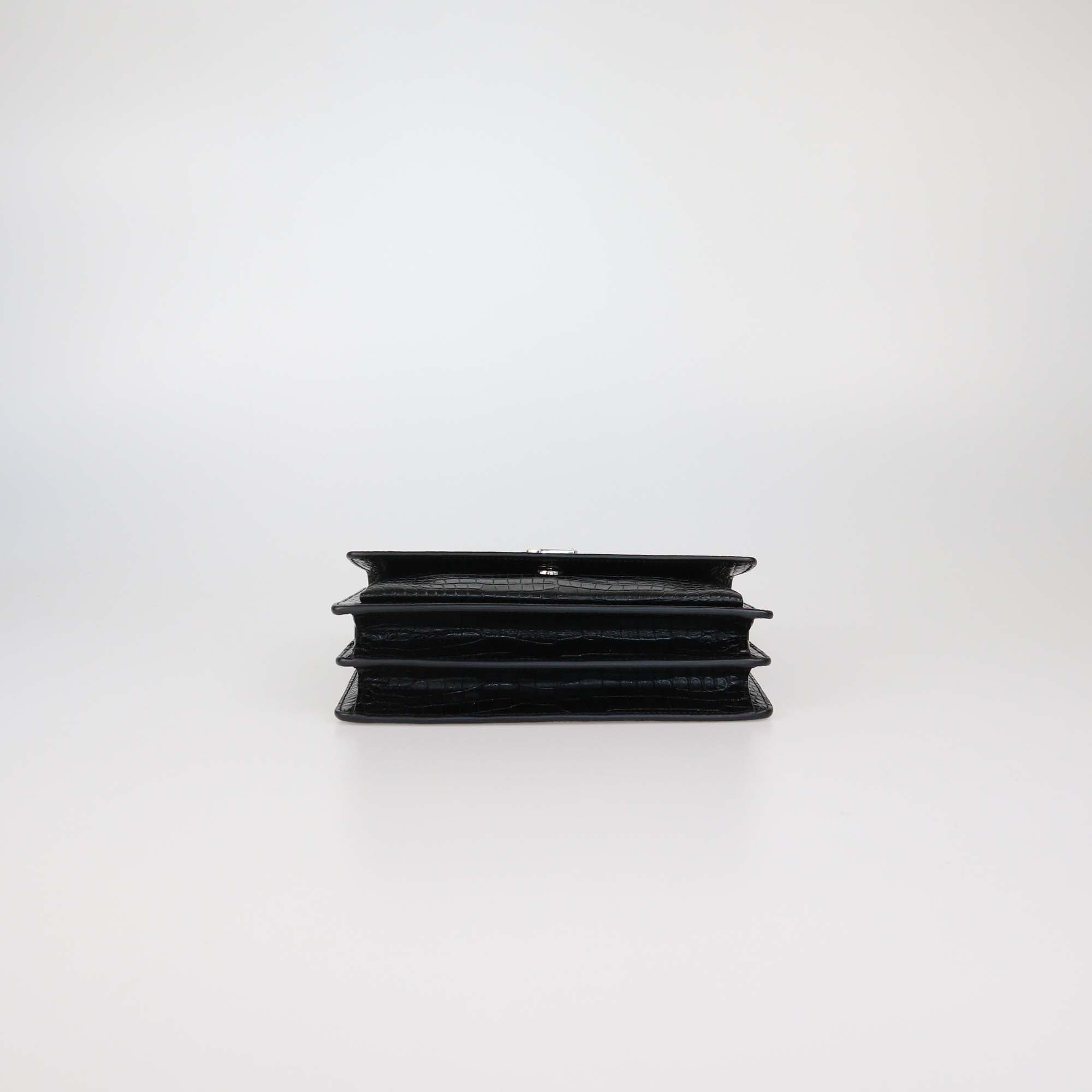 Saint Laurent Black Croc Embossed Leather Medium Sunset Shoulder Bag