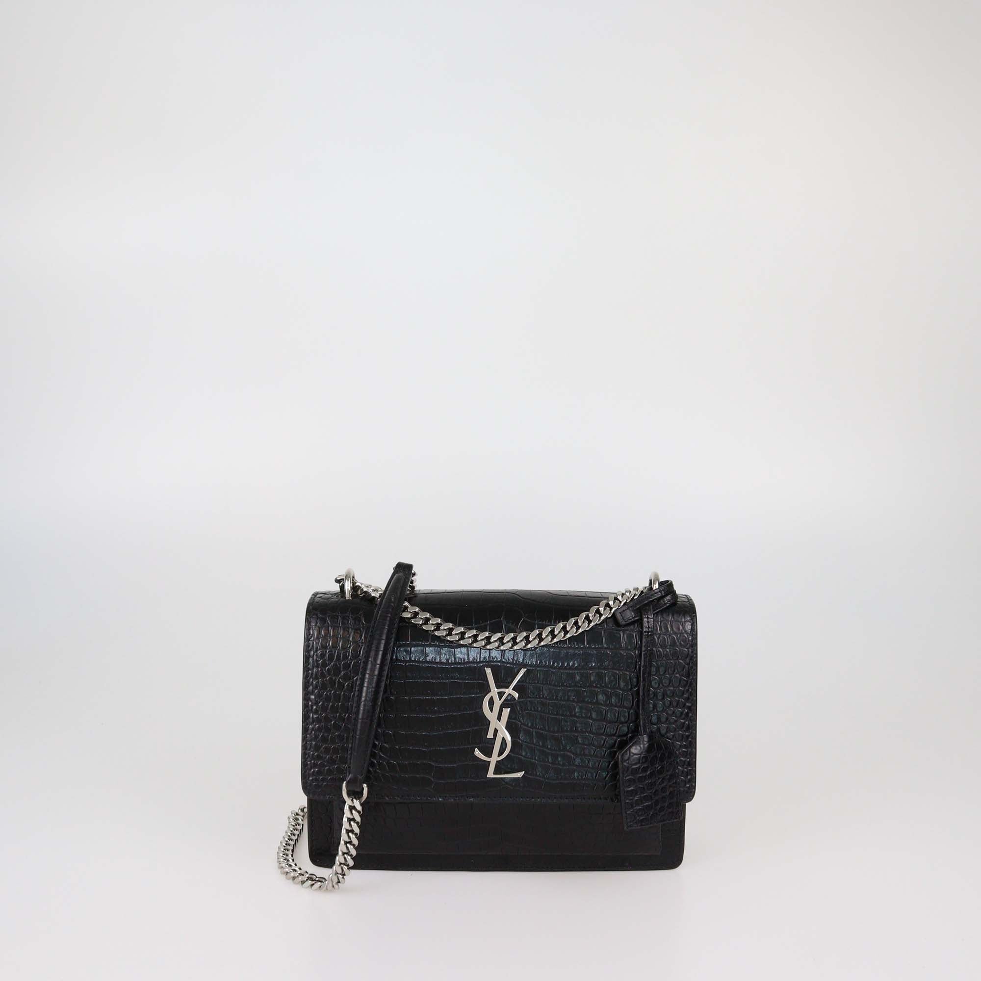 Saint Laurent Black Croc Embossed Leather Medium Sunset Shoulder Bag
