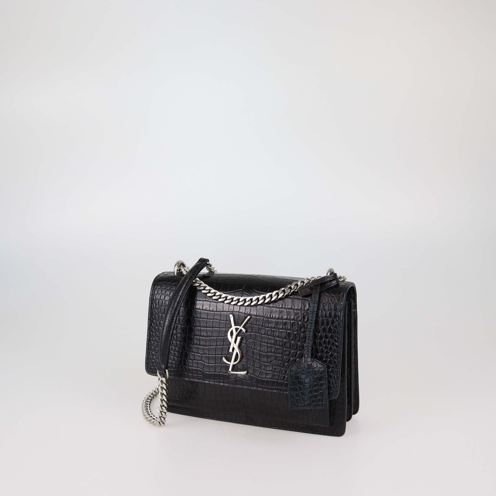 Saint Laurent Black Croc Embossed Leather Medium Sunset Shoulder Bag
