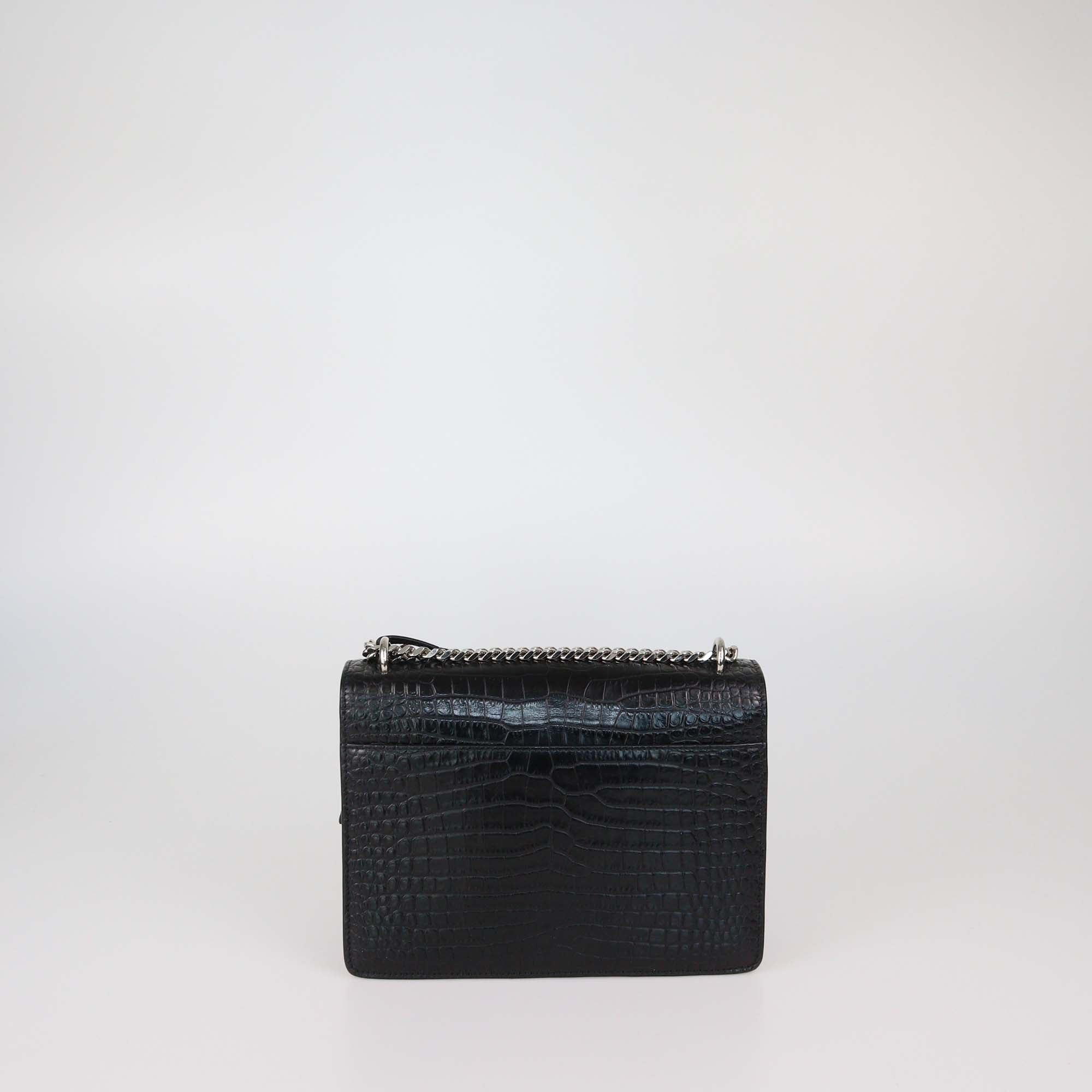 Saint Laurent Black Croc Embossed Leather Medium Sunset Shoulder Bag