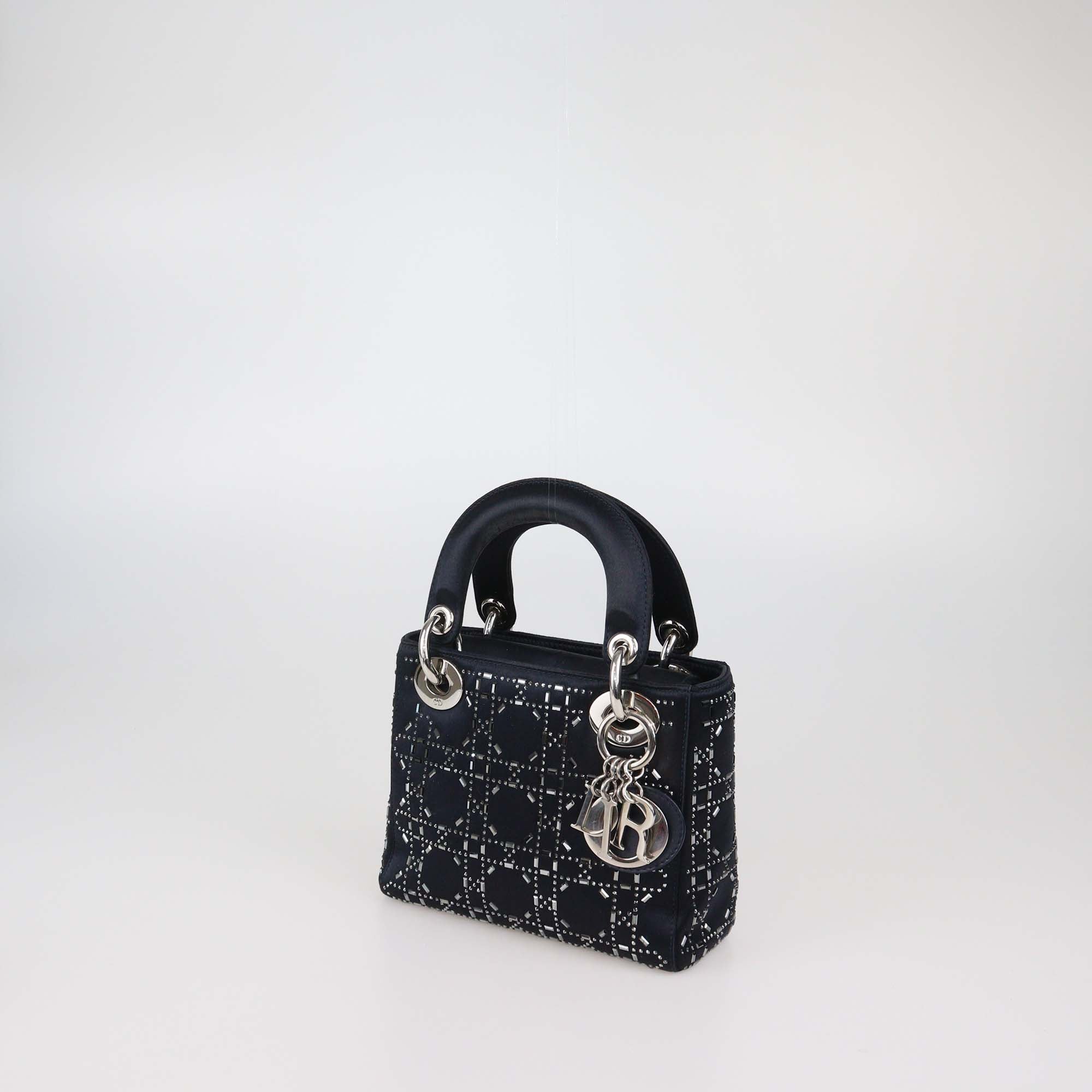 Christian Dior Black Strass Cannage Satin Mini Lady Dior Tote