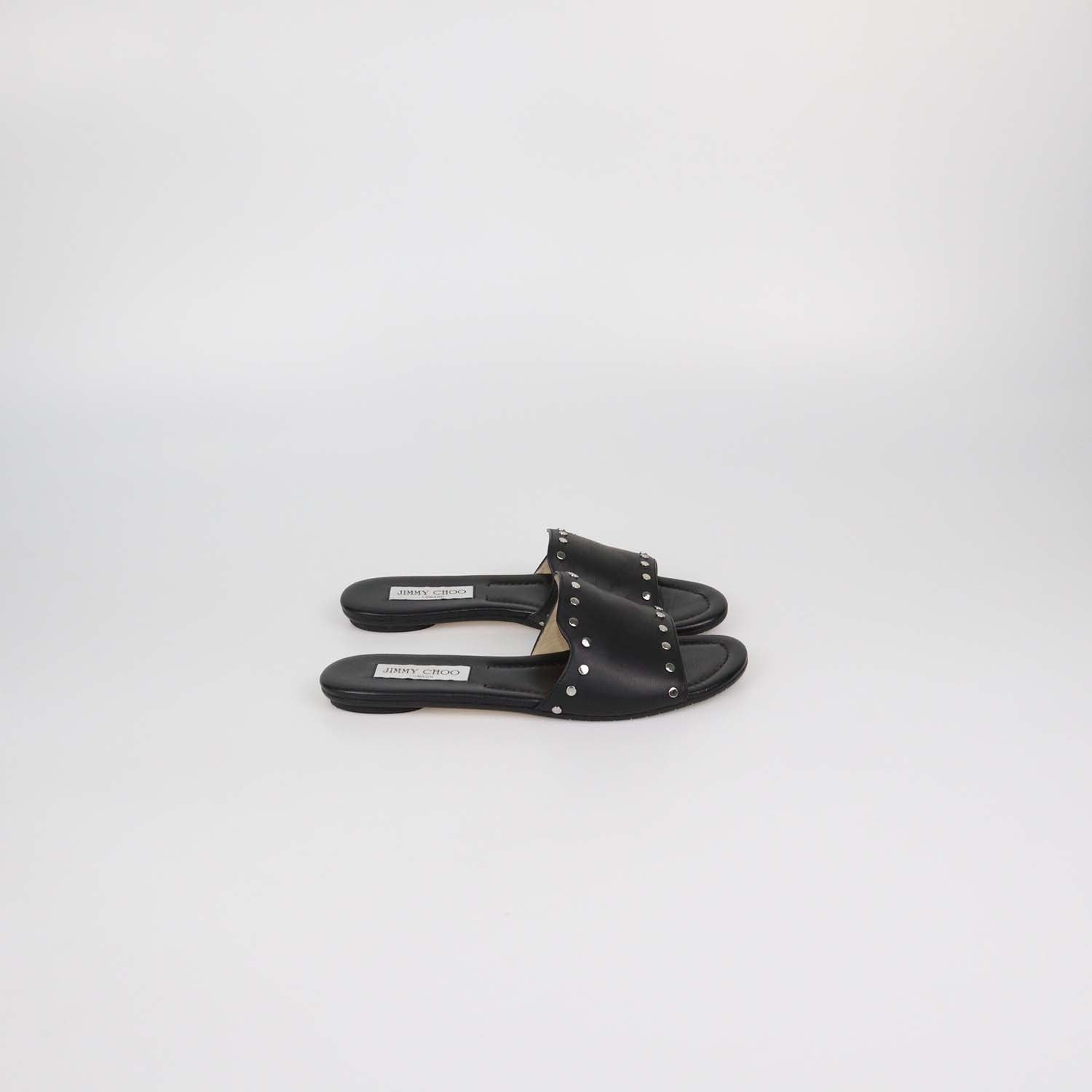 Jimmy Choo Black Leather Studded Nanda Flat Slides