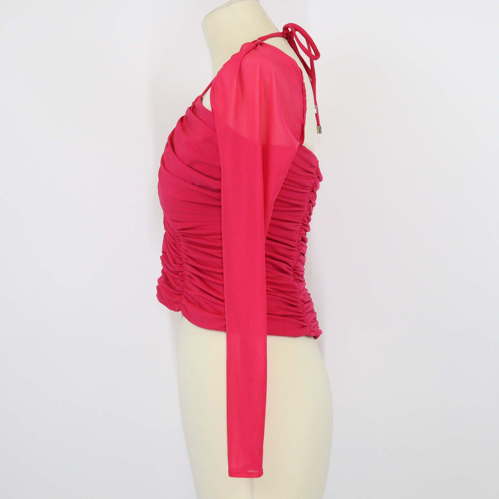 Self-Portrait Fuchsia Jersey Ruched Mesh Sleeve Cut Out Top