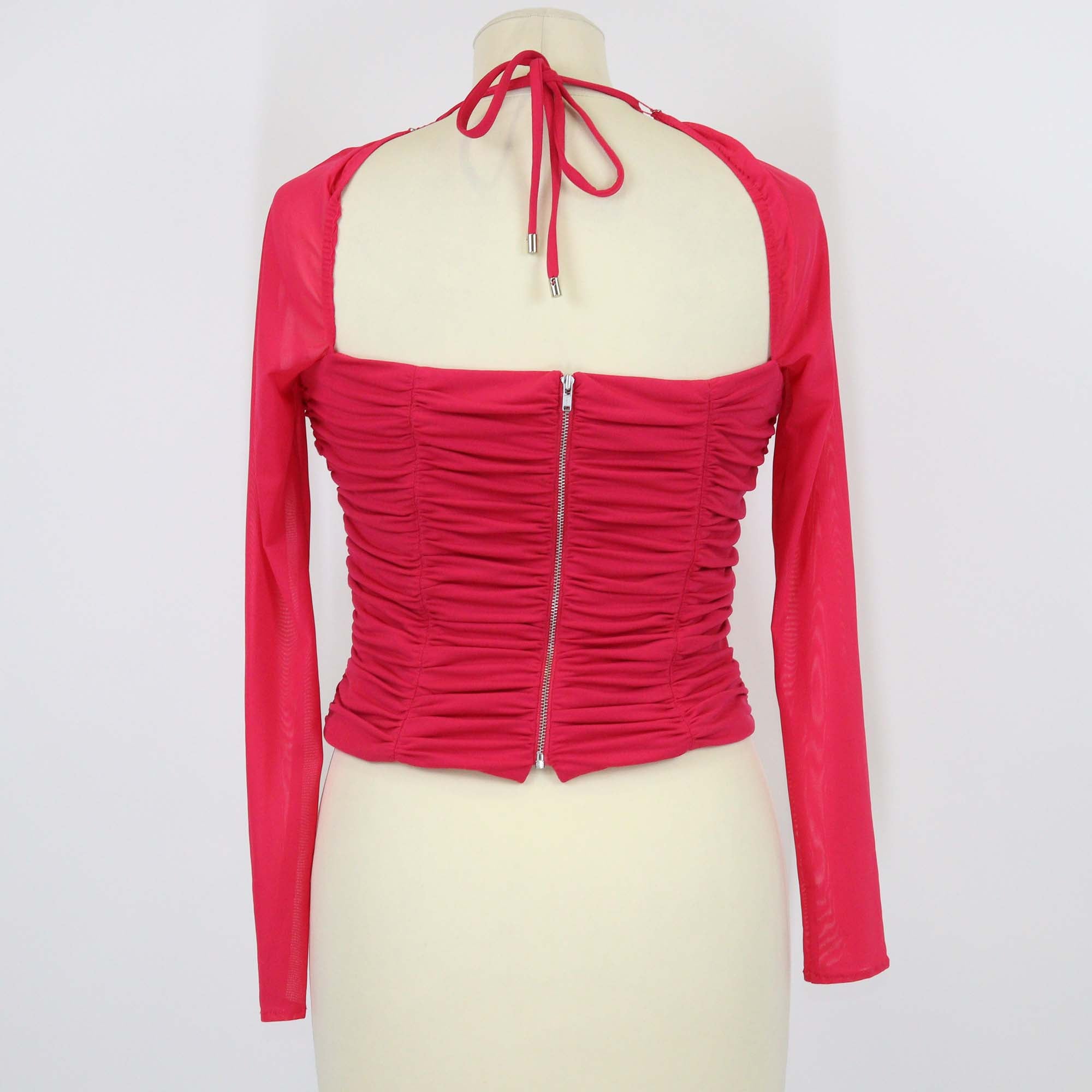 Self-Portrait Fuchsia Jersey Ruched Mesh Sleeve Cut Out Top