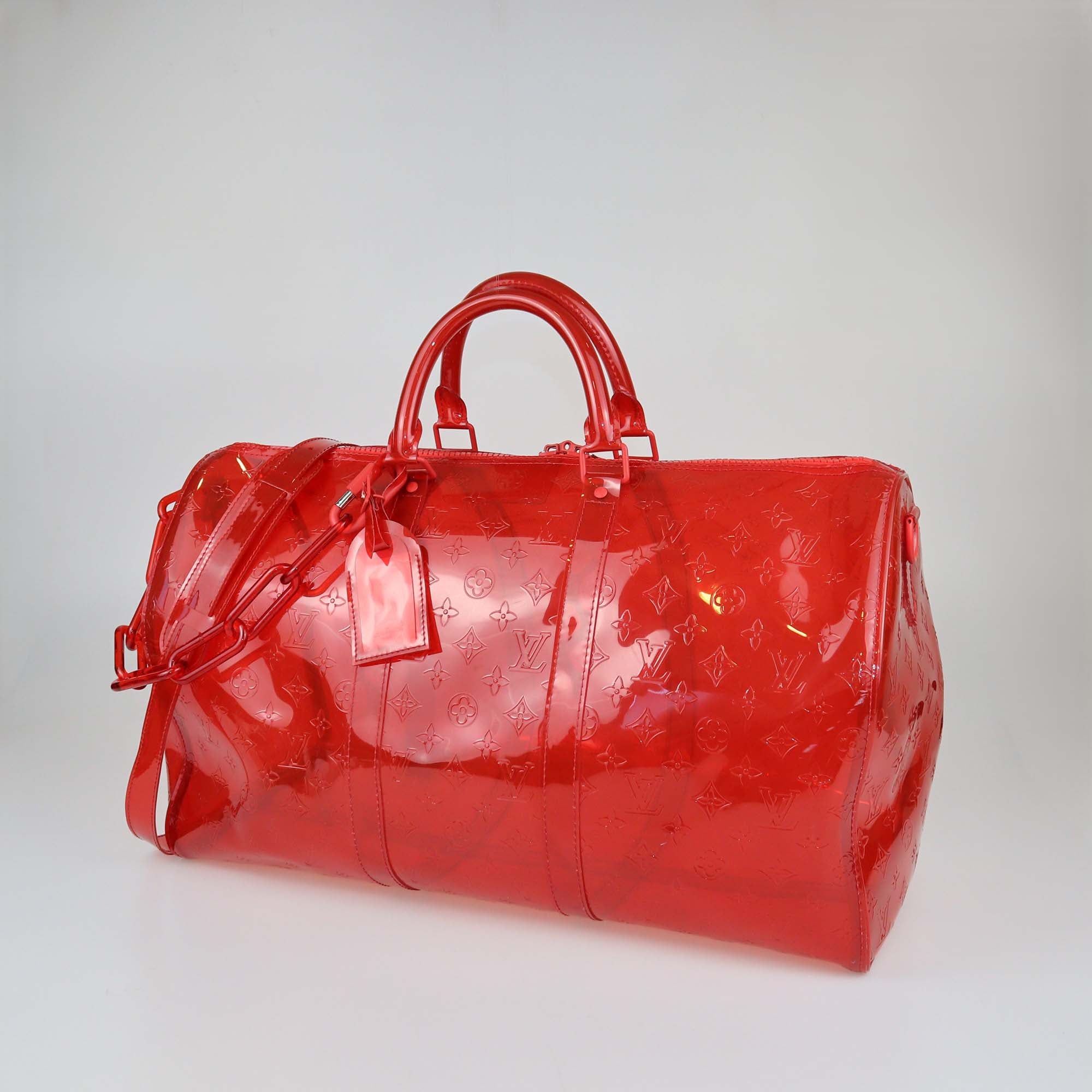 Hermes Clear Red Monogram PVC Keepall Bandouliere 50 Bag