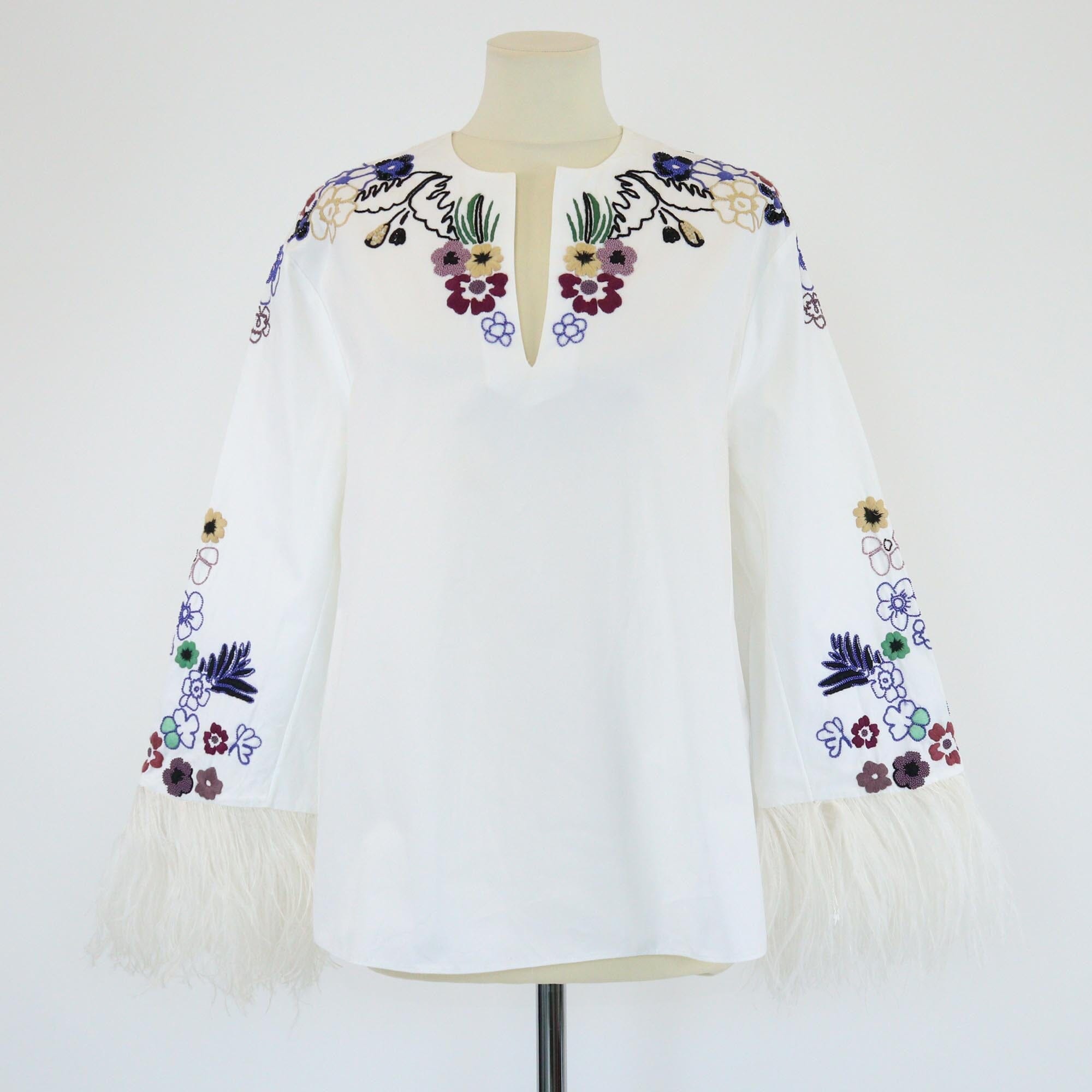 Valentino White Floral Embroidered Feather Long Sleeve Tunic Blouse Womens Valentino