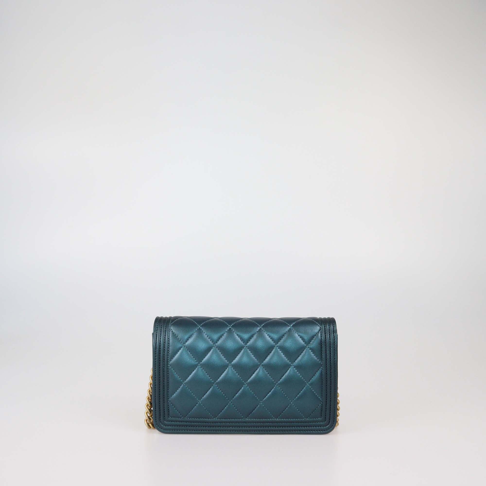 Chanel Metallic Green Quilted Leather Boy Wallet On Chain