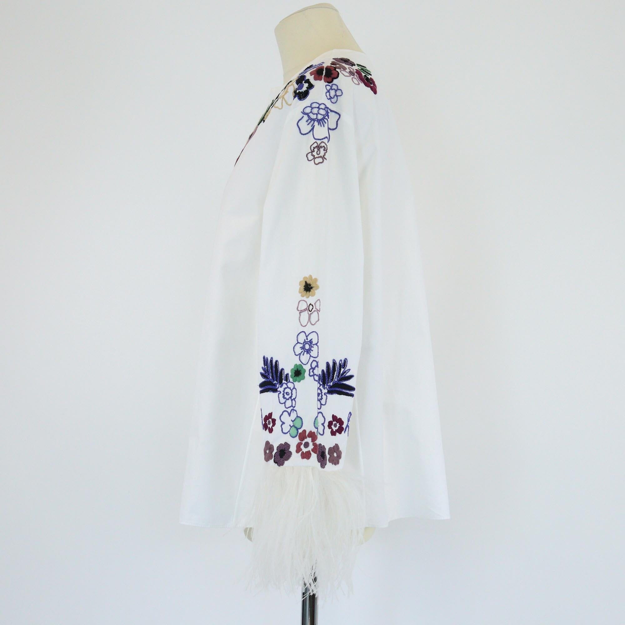Valentino White Floral Embroidered Feather Long Sleeve Tunic Blouse Womens Valentino