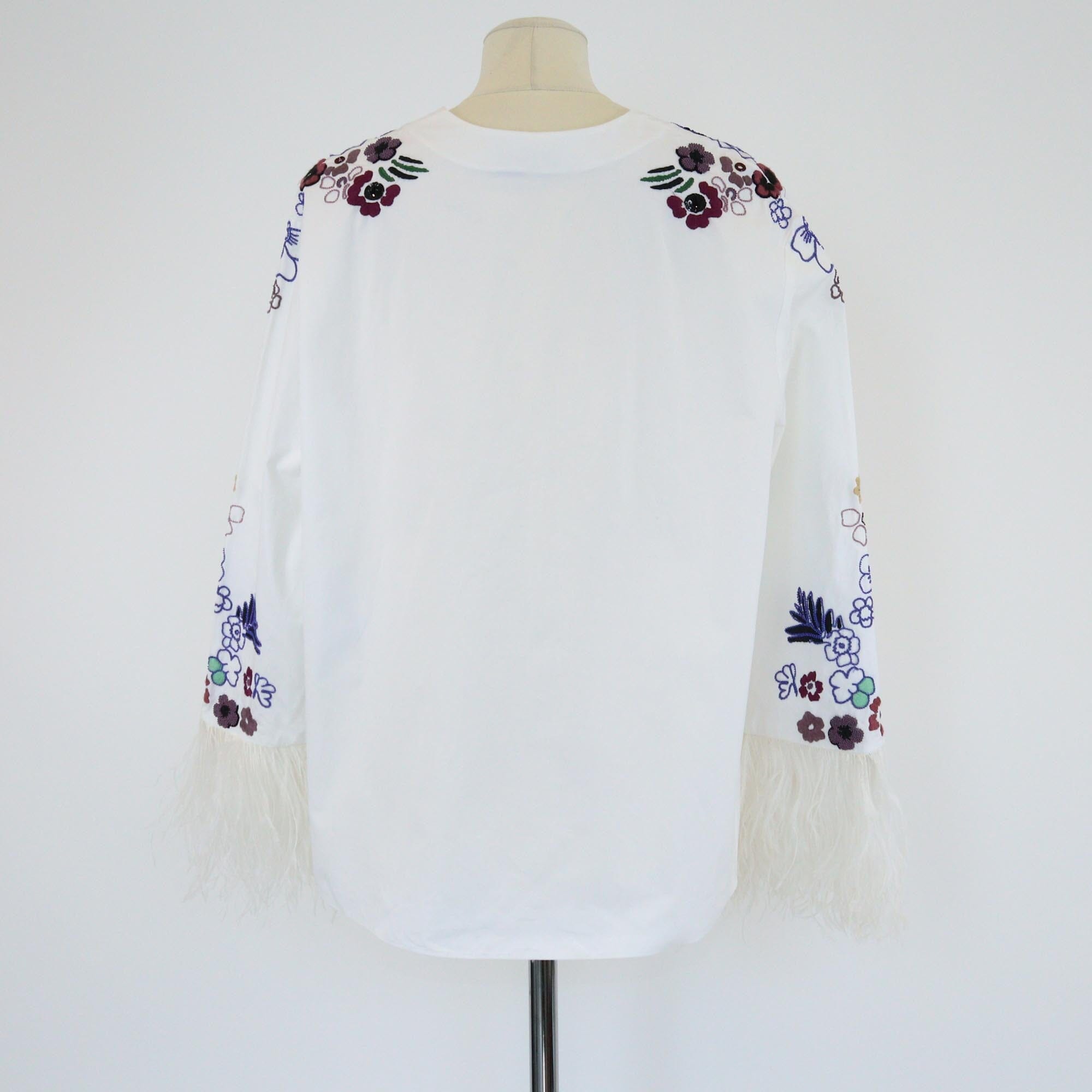 Valentino White Floral Embroidered Feather Long Sleeve Tunic Blouse Womens Valentino