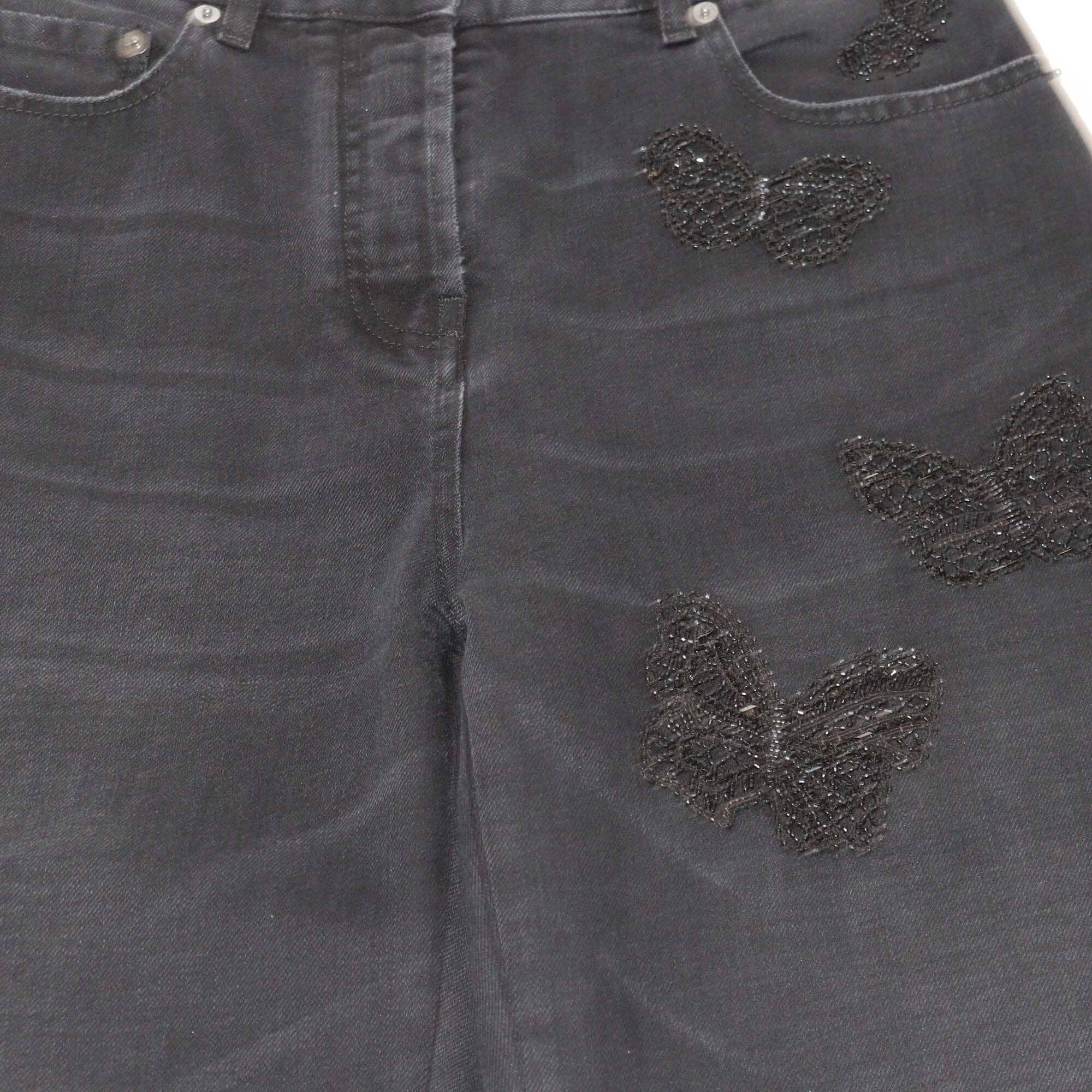 Valentino Black Beaded Butterfly Embroidered Denim Boyfriend Jeans Womens Valentino