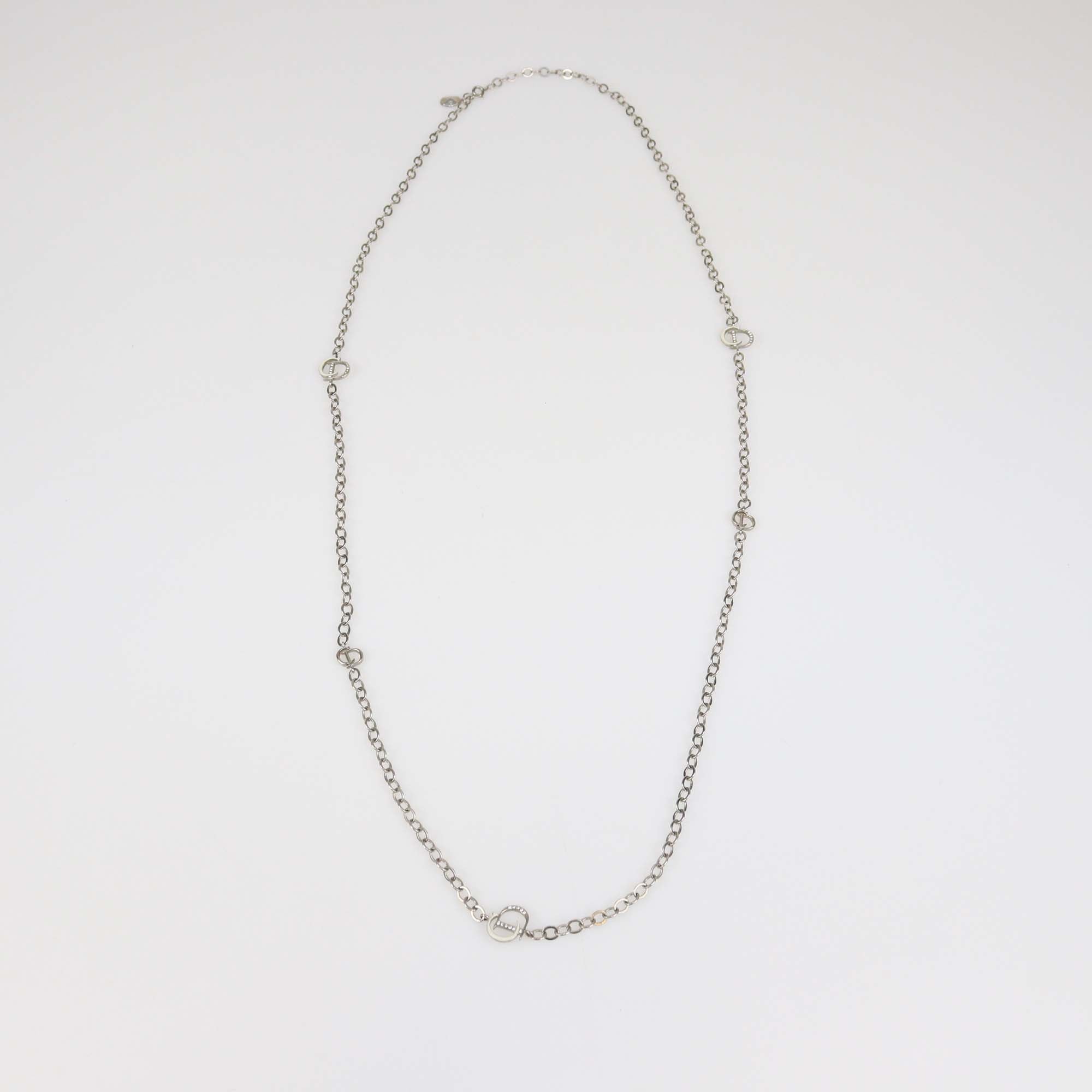 Christian Dior Silver Tone CD Crystal Long Chain Necklace