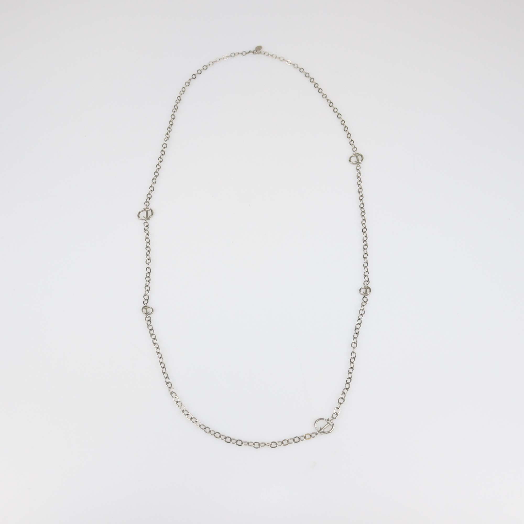 Christian Dior Silver Tone CD Crystal Long Chain Necklace