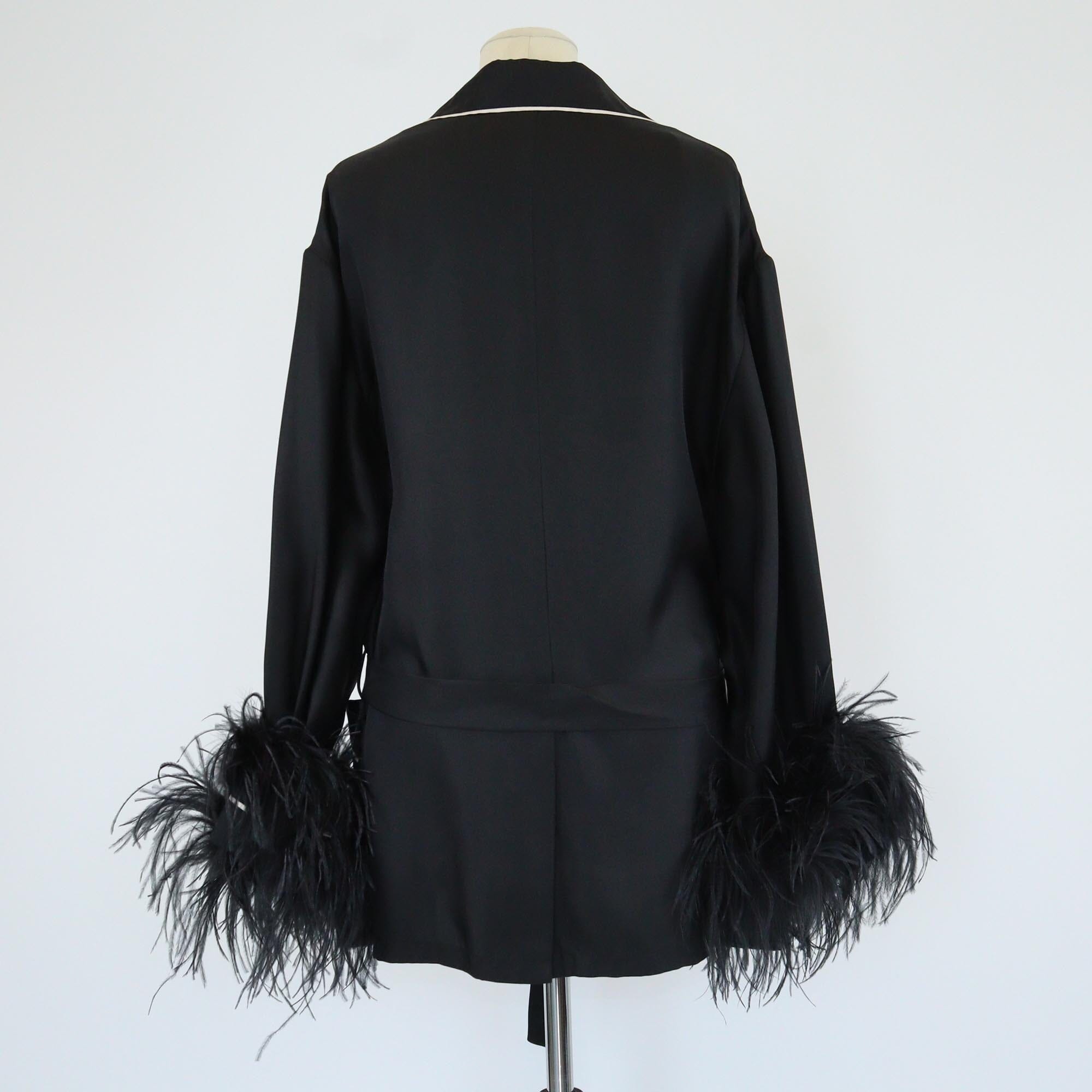 Prada Black Ostrich Feather Trim Belted Long Sleeve Mini Robe Womens Prada
