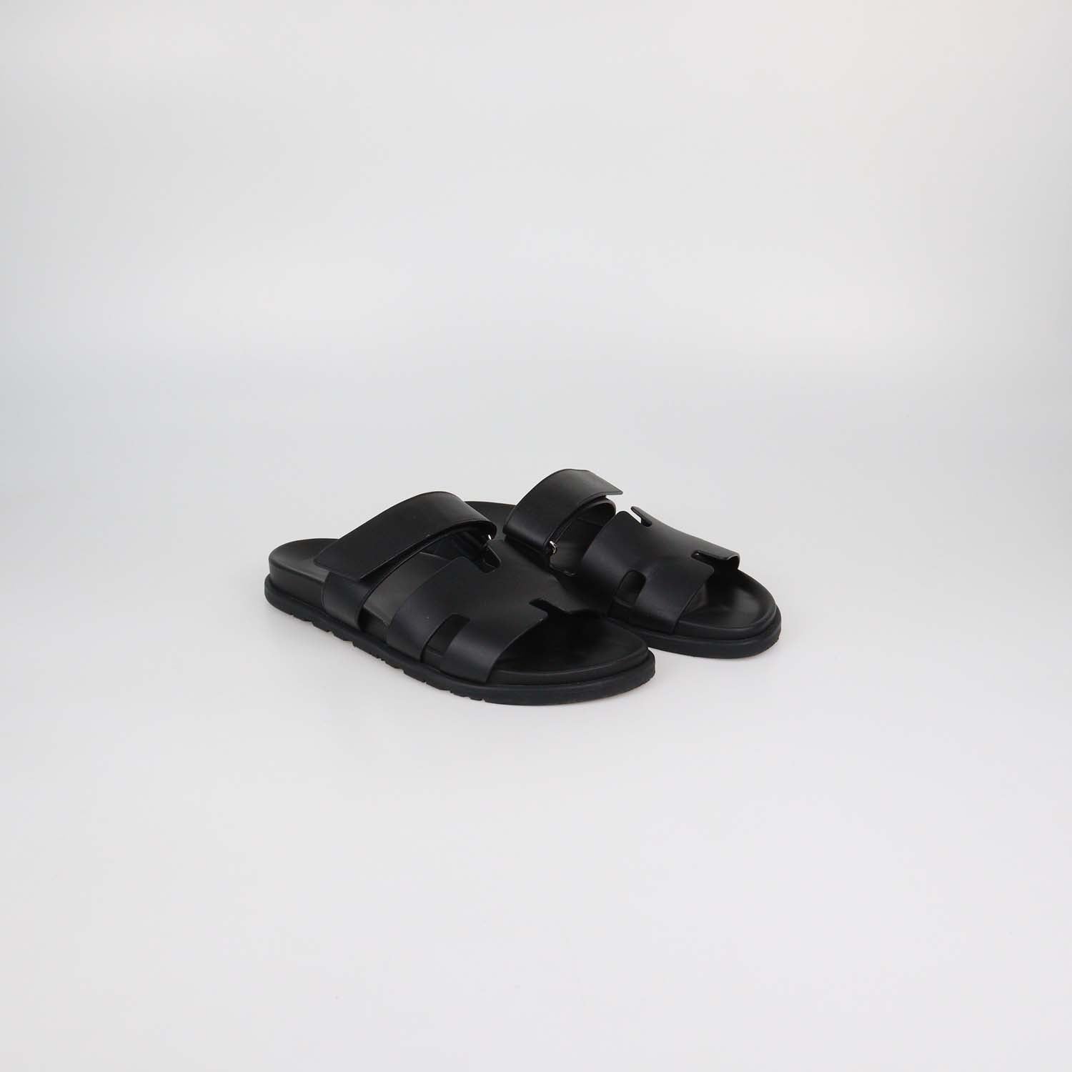 Hermes Black Leather Chypre Sandals