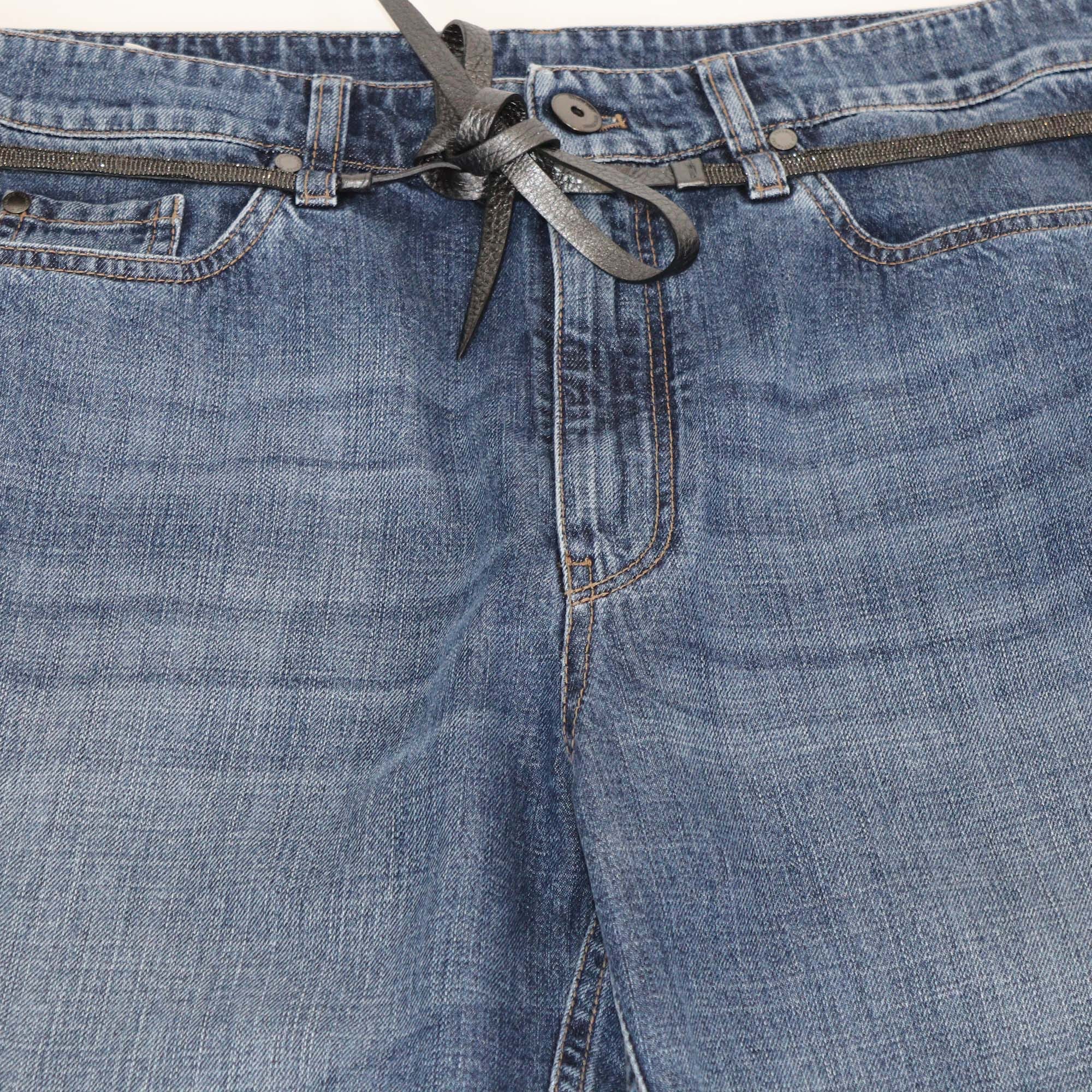 Brunello Cucinelli Blue Denim Leather String Straight Cut Jeans Womens Brunello Cucinelli