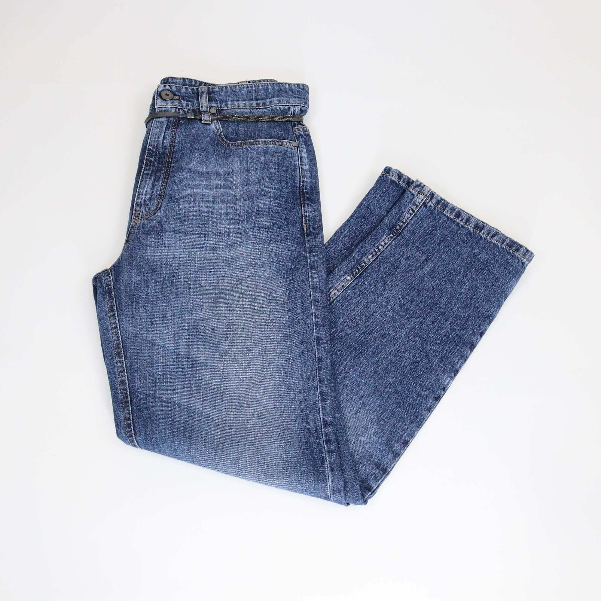 Brunello Cucinelli Blue Denim Leather String Straight Cut Jeans Womens Brunello Cucinelli