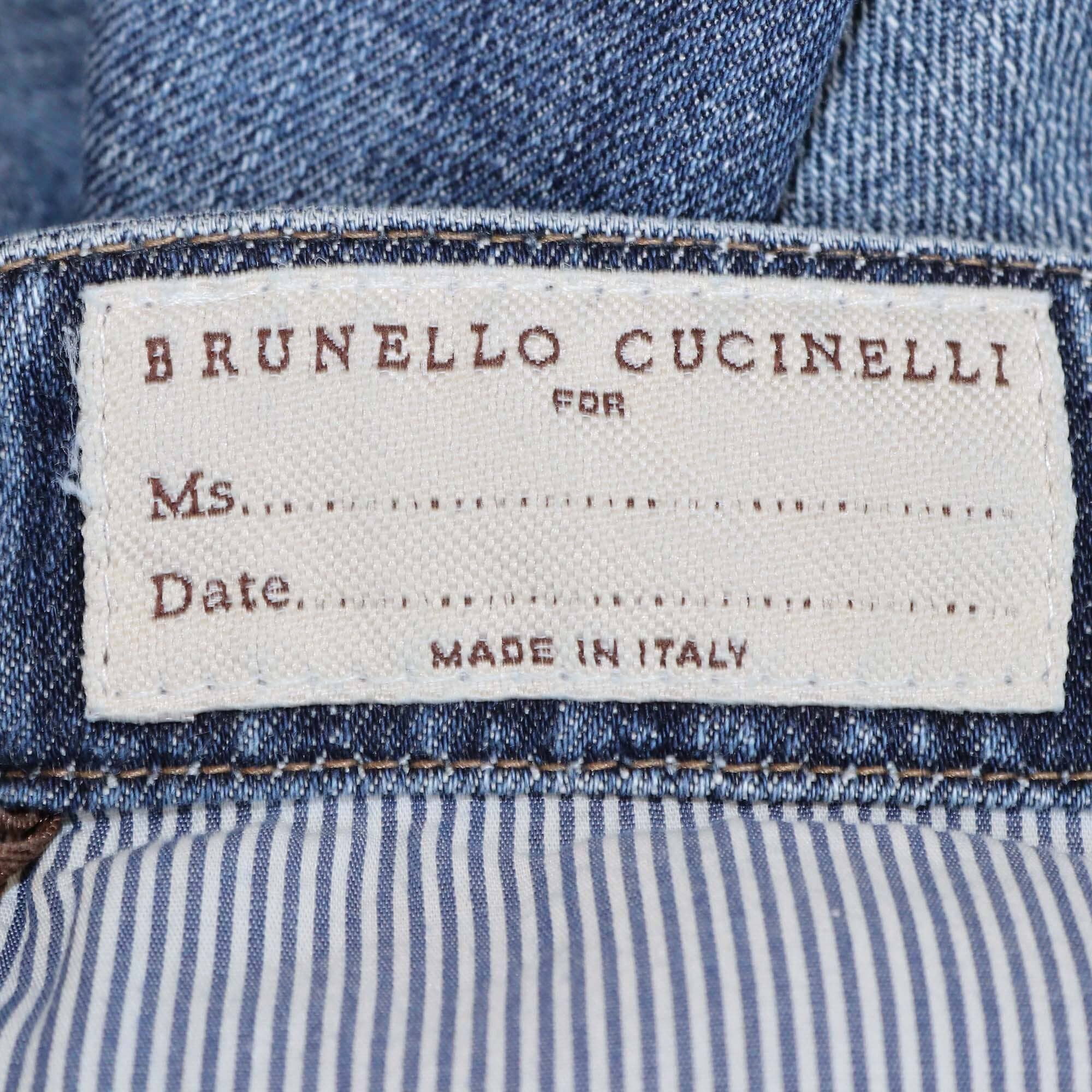 Brunello Cucinelli Blue Denim Leather String Straight Cut Jeans Womens Brunello Cucinelli