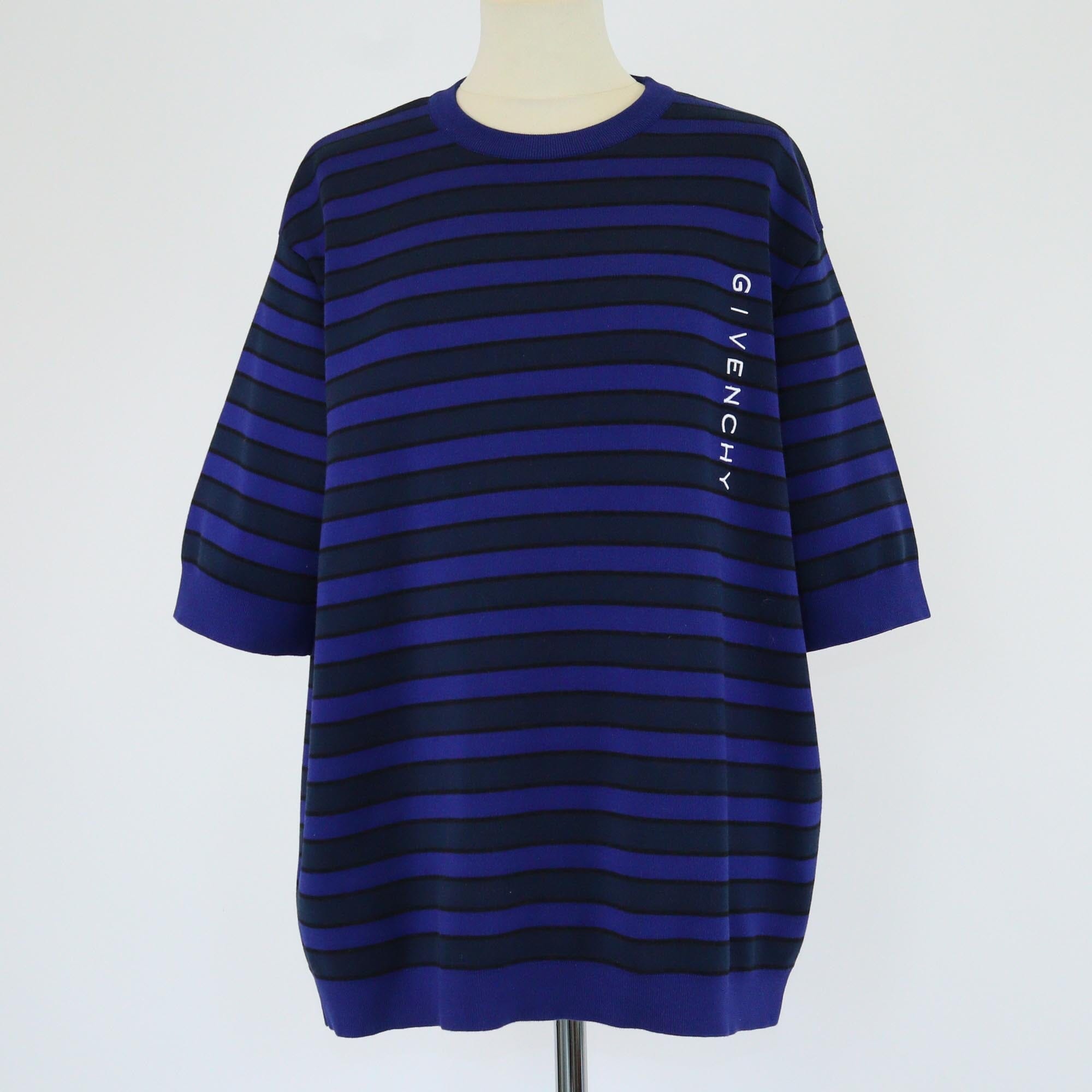 Givenchy Two Tone Blue Striped Embroidered Short Sleeve T-Shirt Womens Givenchy