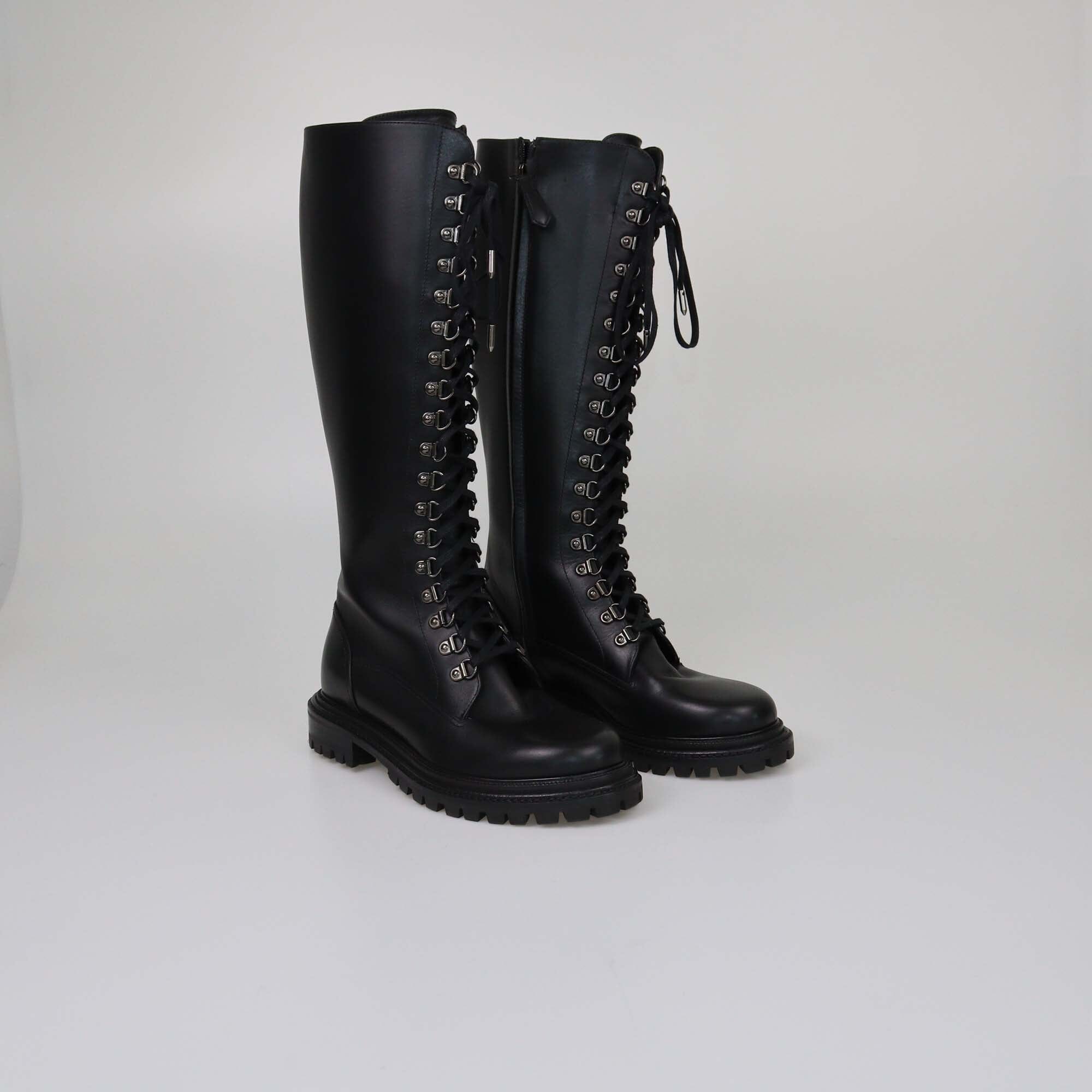Aquazzura Black Knee High Lace Up Combat Boots Womens Aquazzura