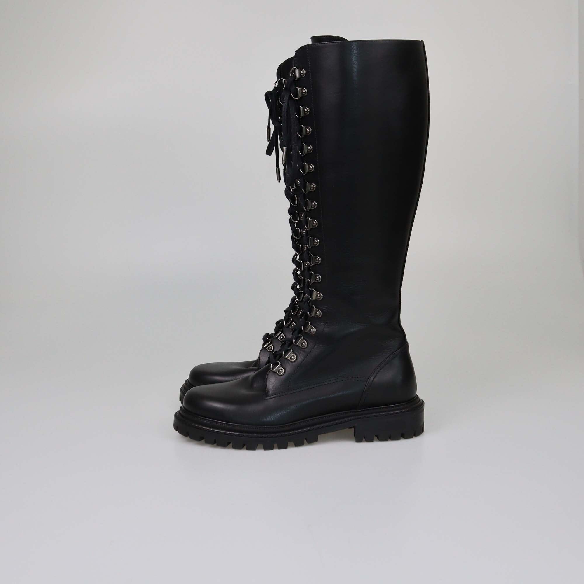Aquazzura Black Knee High Lace Up Combat Boots Womens Aquazzura