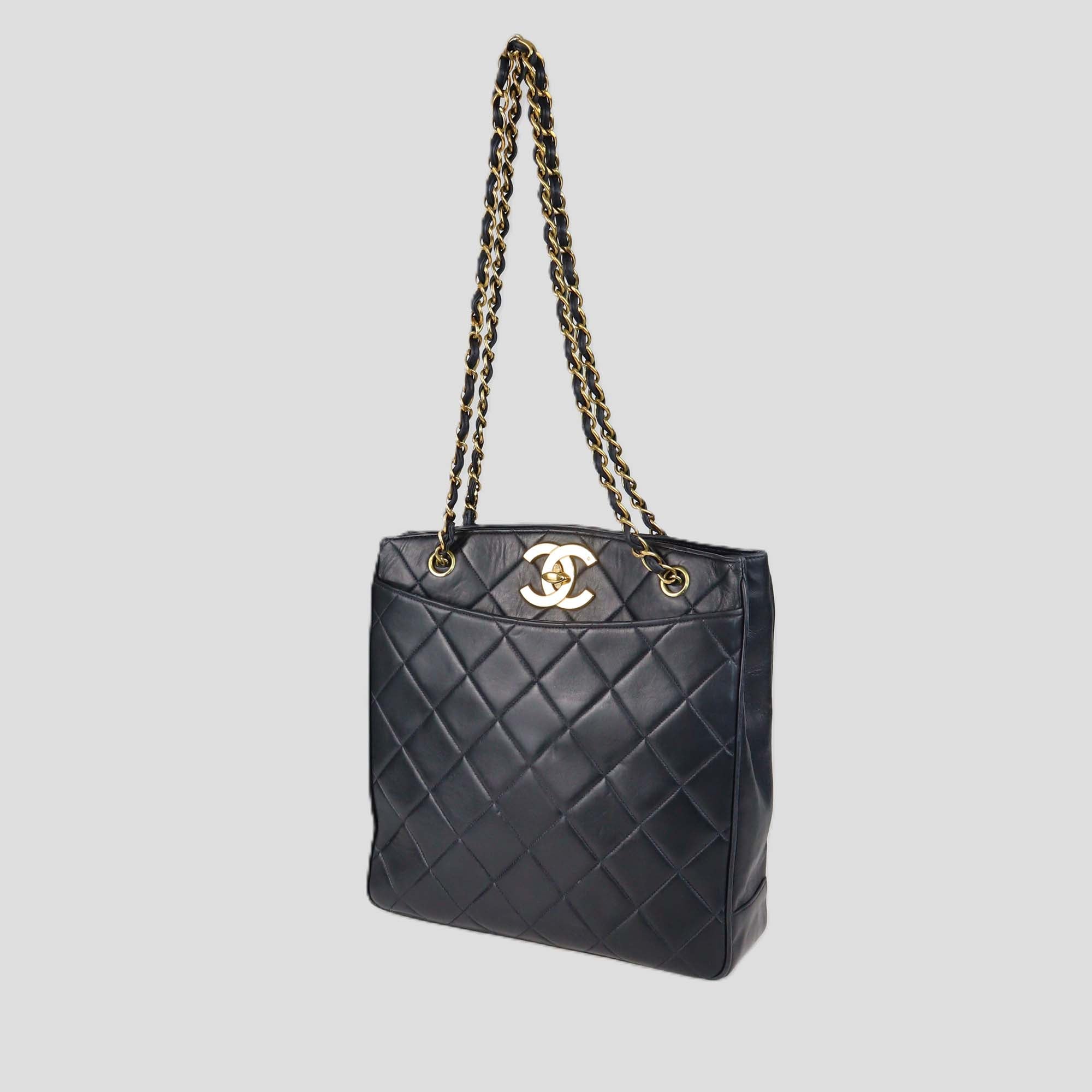 Chanel Navy Blue Quilted Leather CC Chain Tote