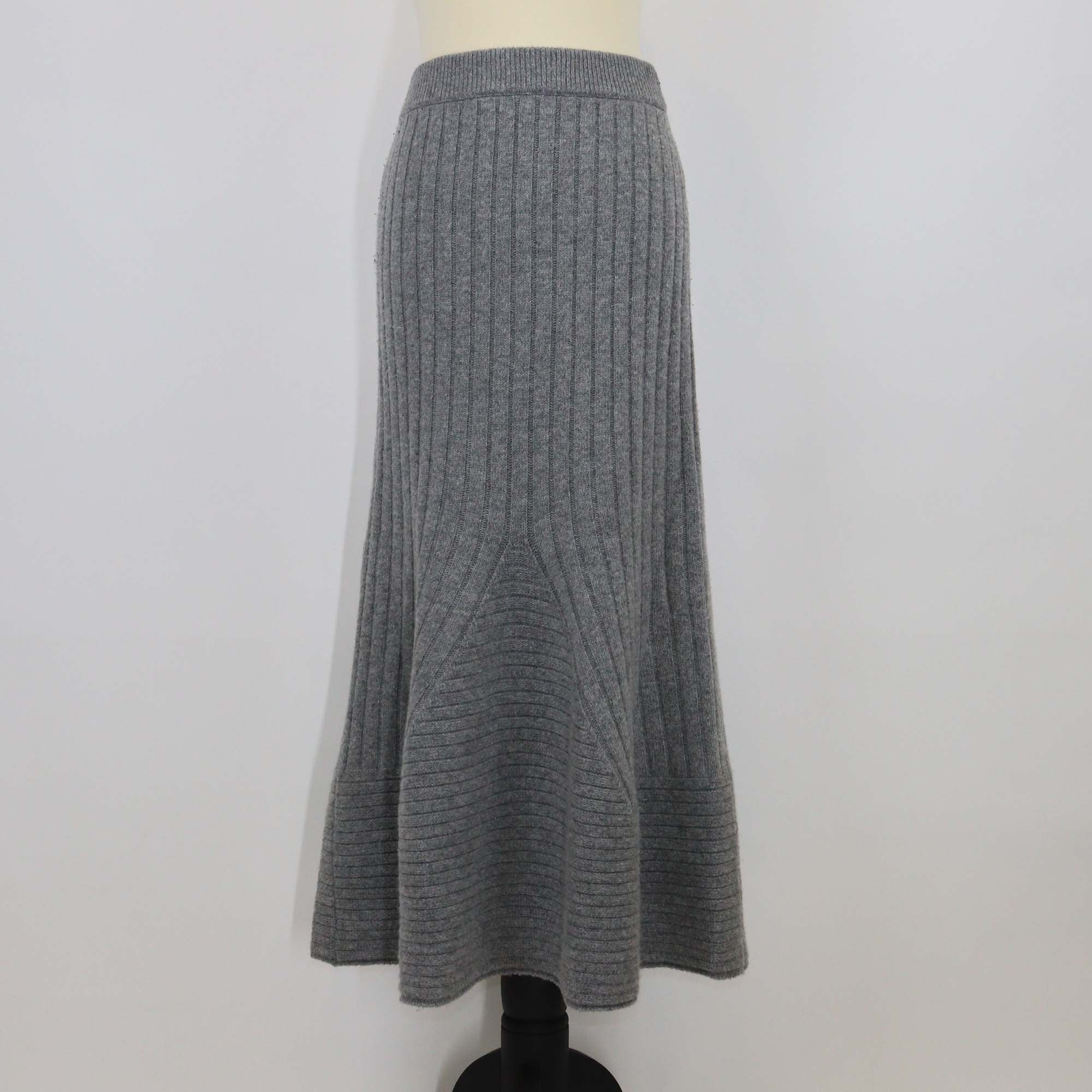 Stella McCartney Grey Wool Elastic Waist Knitted Pleated Midi Length Skirt