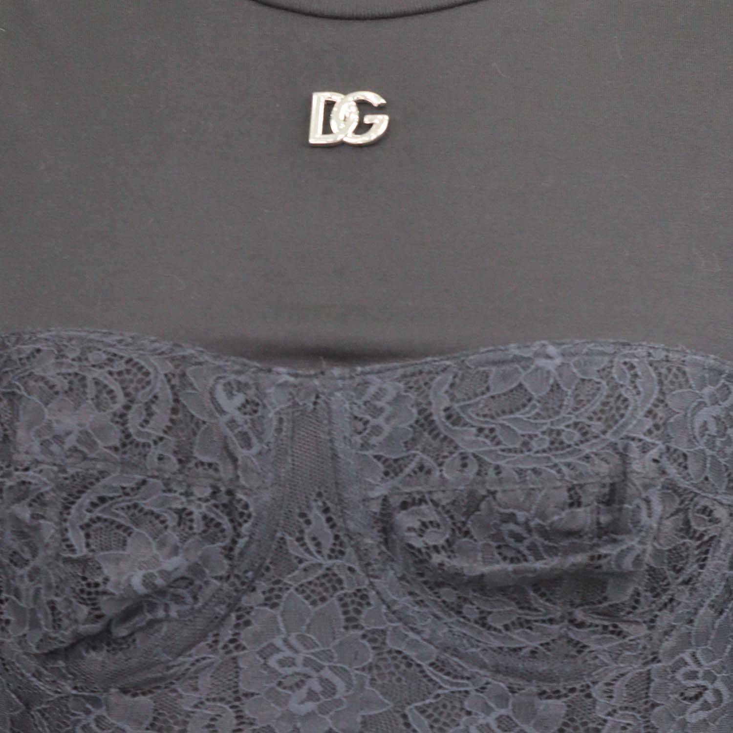 Dolce & Gabbana Black Blend Cotton Lace Bralette Crew Neck T-Shirt